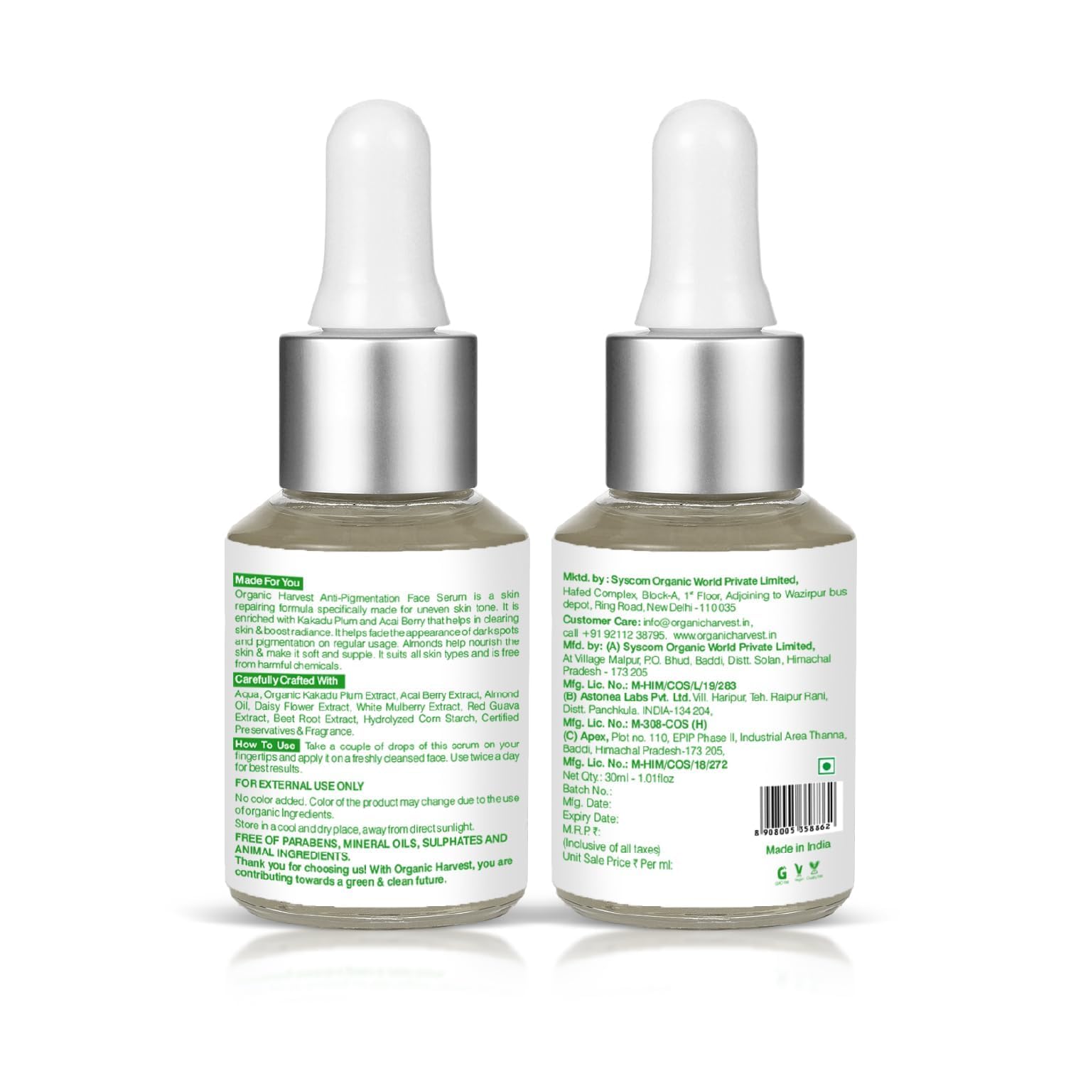 Organic Harvest Anti-Pigmentation Face Serum with Kakadu Plum, Acai Berry & Almonds - Brightens Skin, Reduces Blemishes, Pigmentation & Wrinkles | 100% USDA Certified Organic, Paraben & Sulfate Free - 30ml | Perfect for Daily Skincare Routine & Nighttime Treatment