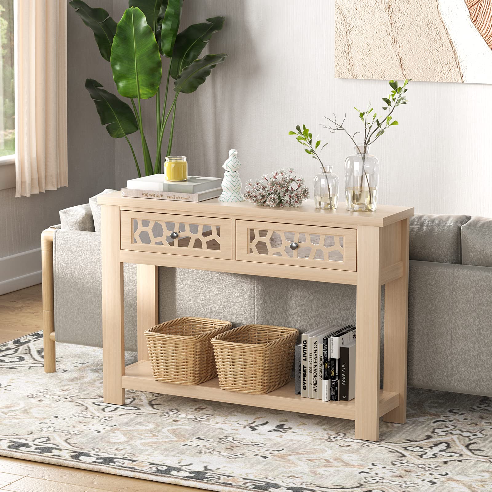 Giantex 2-Tier Wooden Console Table with 2 Drawers & Open Storage Shelf - Entryway Table for Living Room, Hallway, or Foyer - Easy Assembly Rectangular Accent Table (Natural Finish) - Perfect for Small Spaces, Home Decor & Organizing Keys, Mail & Essentials
