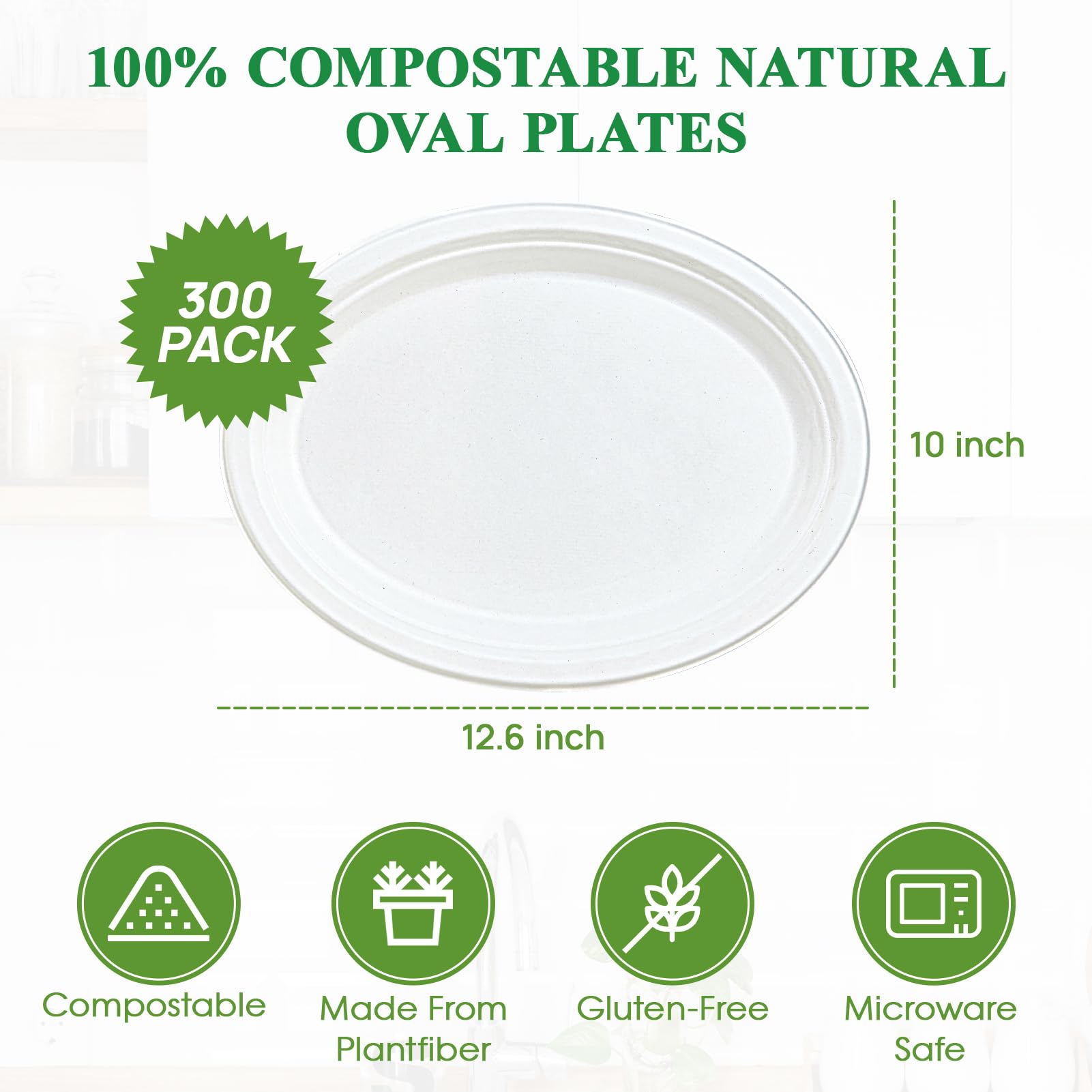 Vplus 300 Pack 12 Inch Compostable Oval Paper Plates - Super Strong Disposable Bagasse Plates, Eco-Friendly & Biodegradable Sugarcane Plates for BBQ, Party, Dinner, Picnic - Perfect for Outdoor Events, Family Gatherings & Sustainable Dining