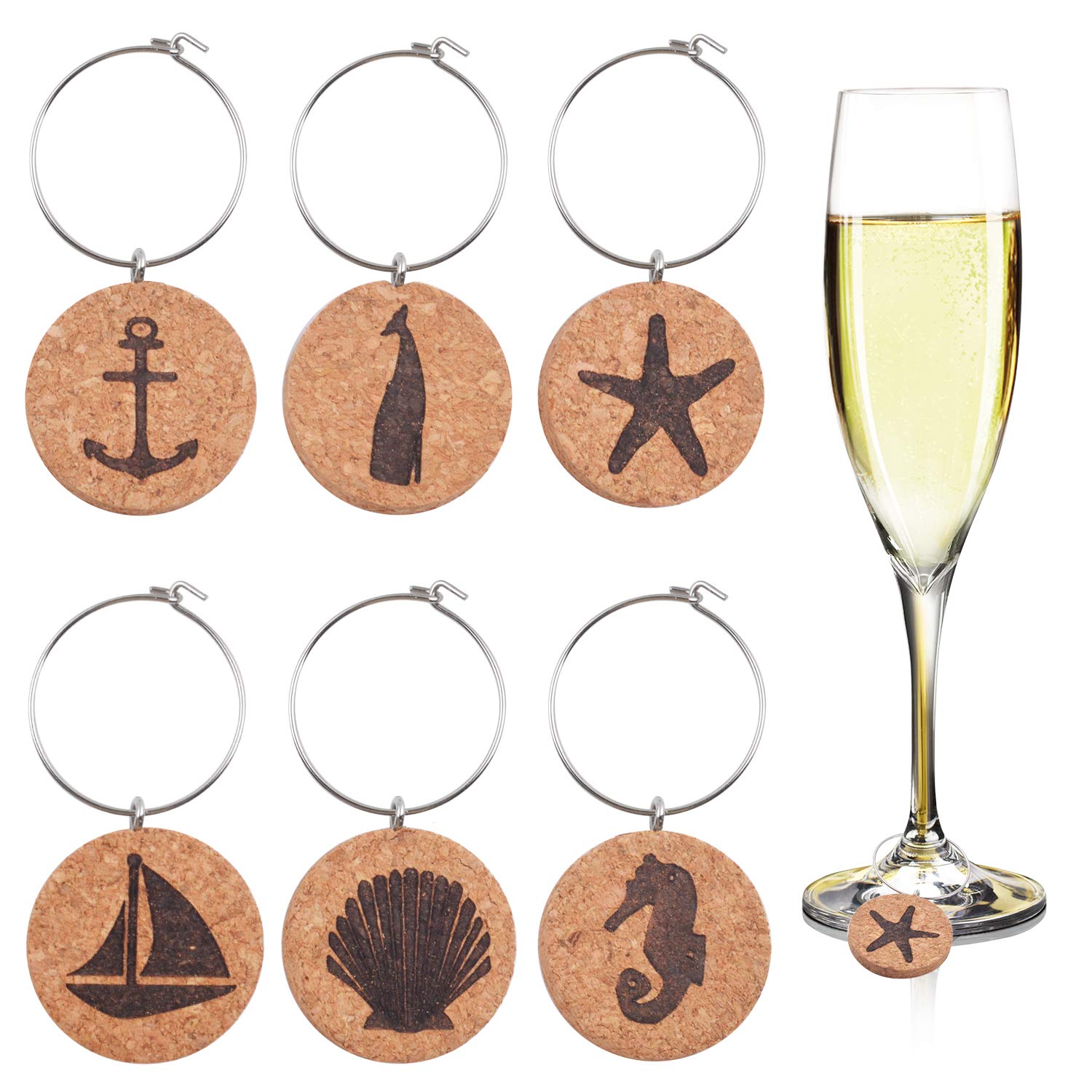 Aylifu 6-Piece Beach-Themed Cork Wine Glass Charms Set - Unique Wine Glass Markers & Tags for Party, Wedding, and Outdoor Events