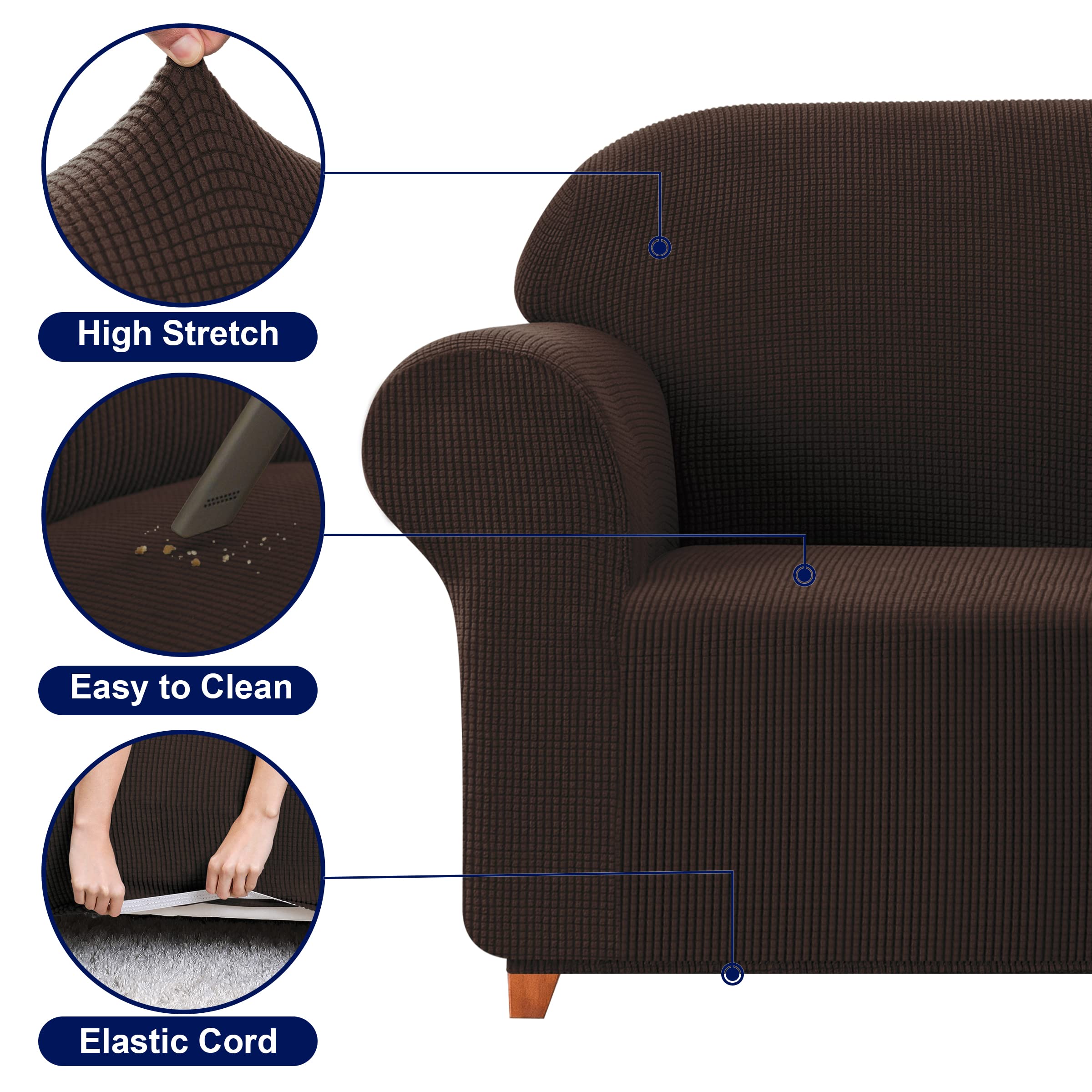 SUBRTEX Stretch Sofa Slipcover - 2 Piece Washable Jacquard Fabric Couch Cover for 3 Seater Sofa, Soft Furniture Protector with Small Check Pattern (Chocolate) | Perfect for Living Room, Family Room & Home Decor
