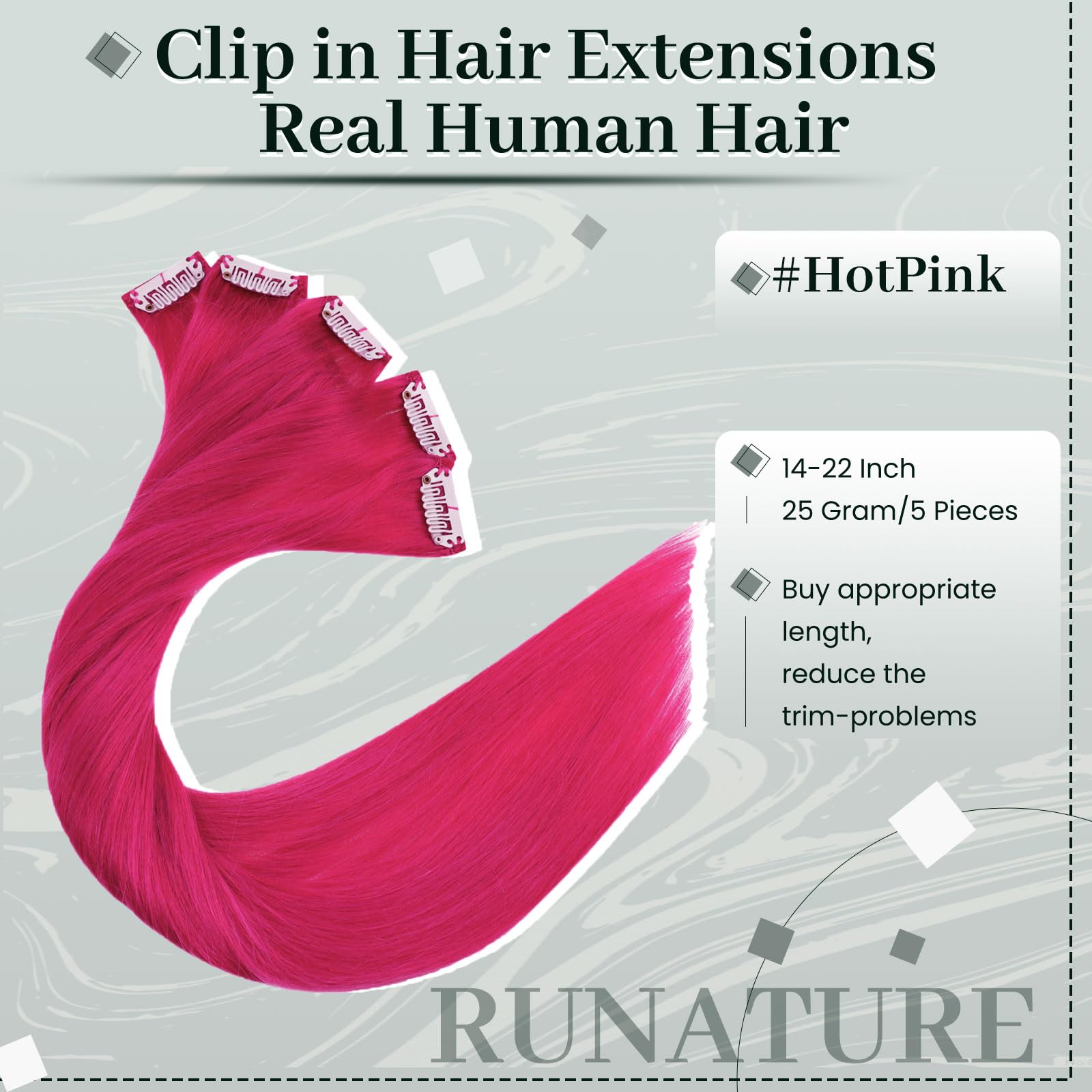 RUNATURE 14 Inch Pink Clip-in Human Hair Extensions - 5pcs 25g Real Human Hair, Hot Pink Straight Hair Extensions for Kids & Teens - Perfect for Parties, Cosplay, Halloween & Daily Styling