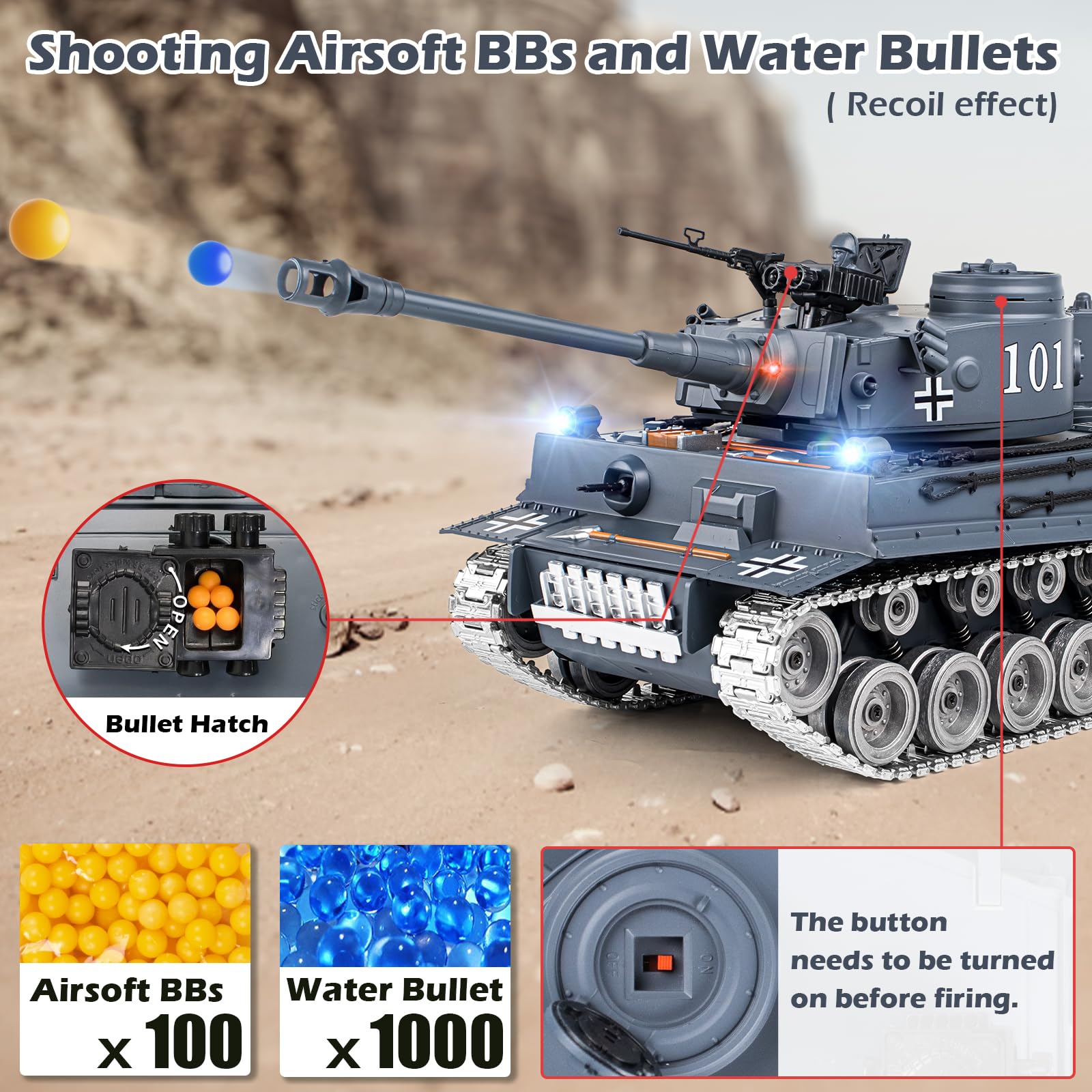 1:18 Scale German Tiger I Alloy Metal RC Tank - 2.4GHz Remote Control Military Model with Realistic Smoke, Sound & Lights | Shoots BBs & Water Bombs | Fun Battle Toy for Adults & Kids | Perfect for Outdoor Play, Backyard Battles & Collectors Display