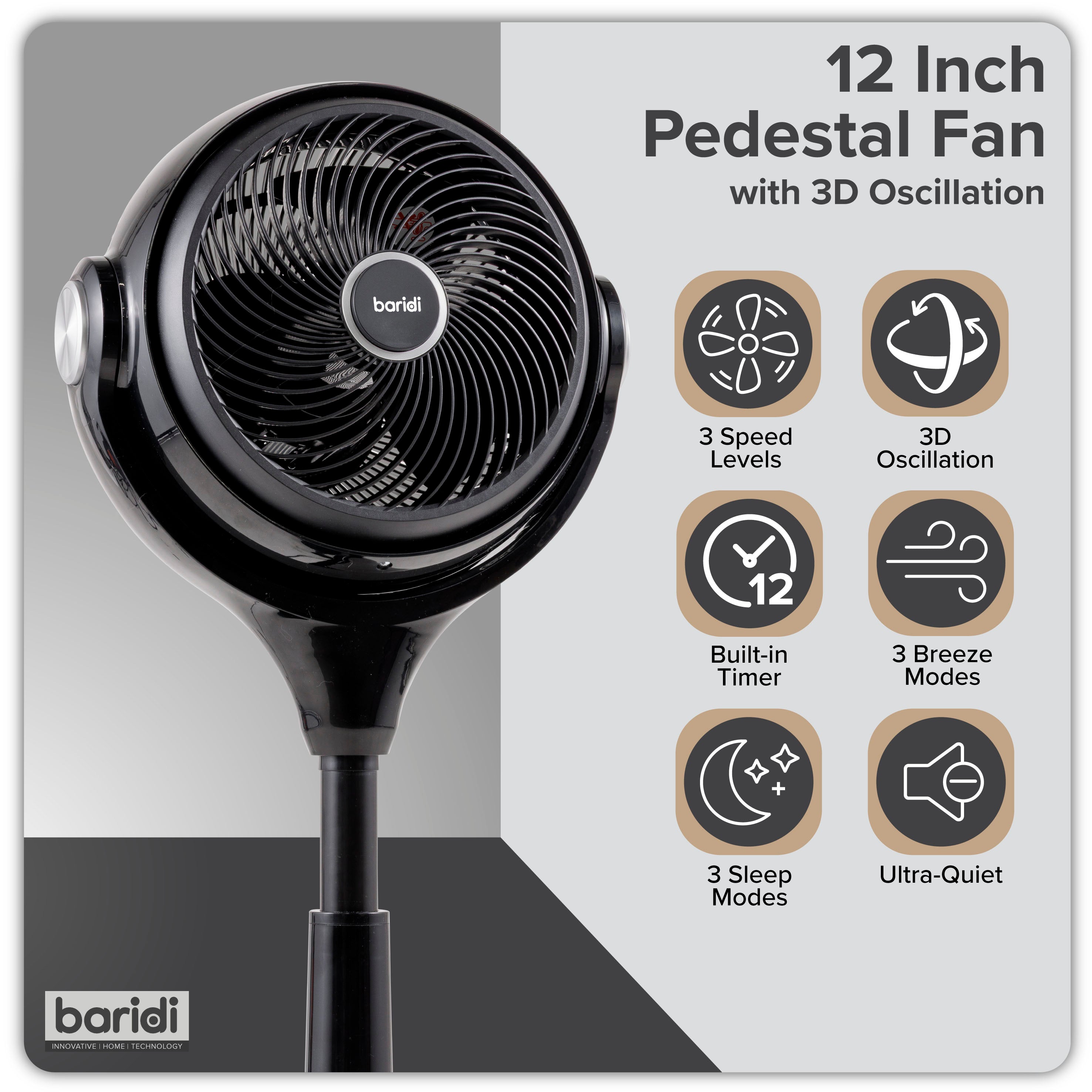 10 Inch Baridi Pedestal Fan with Remote Control - Black (DH143) - Quiet Cooling for Bedroom, Office & Home Use