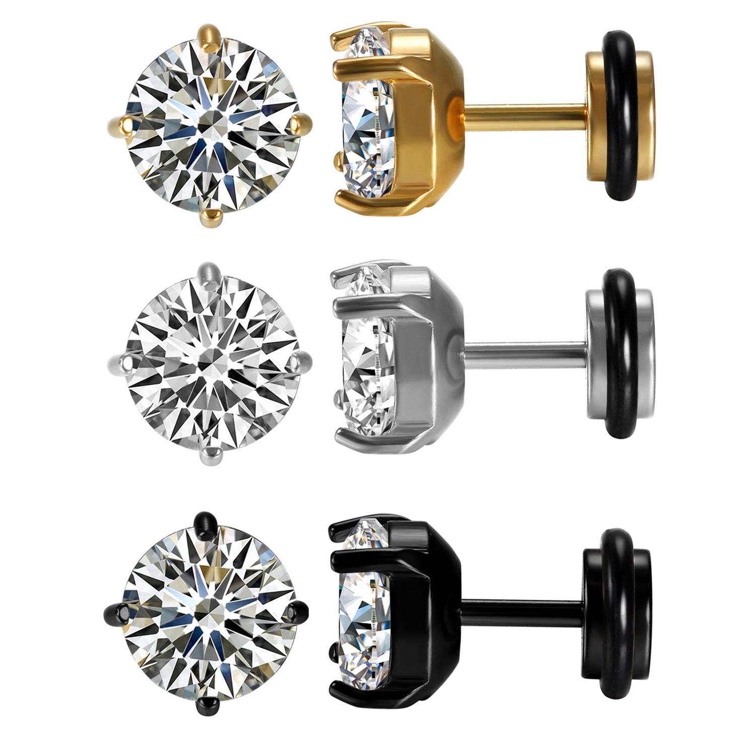 Aroncent 6 Pairs Hypoallergenic Cubic Zirconia Stud Earrings for Women & Men - Surgical Steel Cartilage & Helix Piercing Jewelry Multipack - Perfect for Everyday Wear, Gifts & Special Occasions