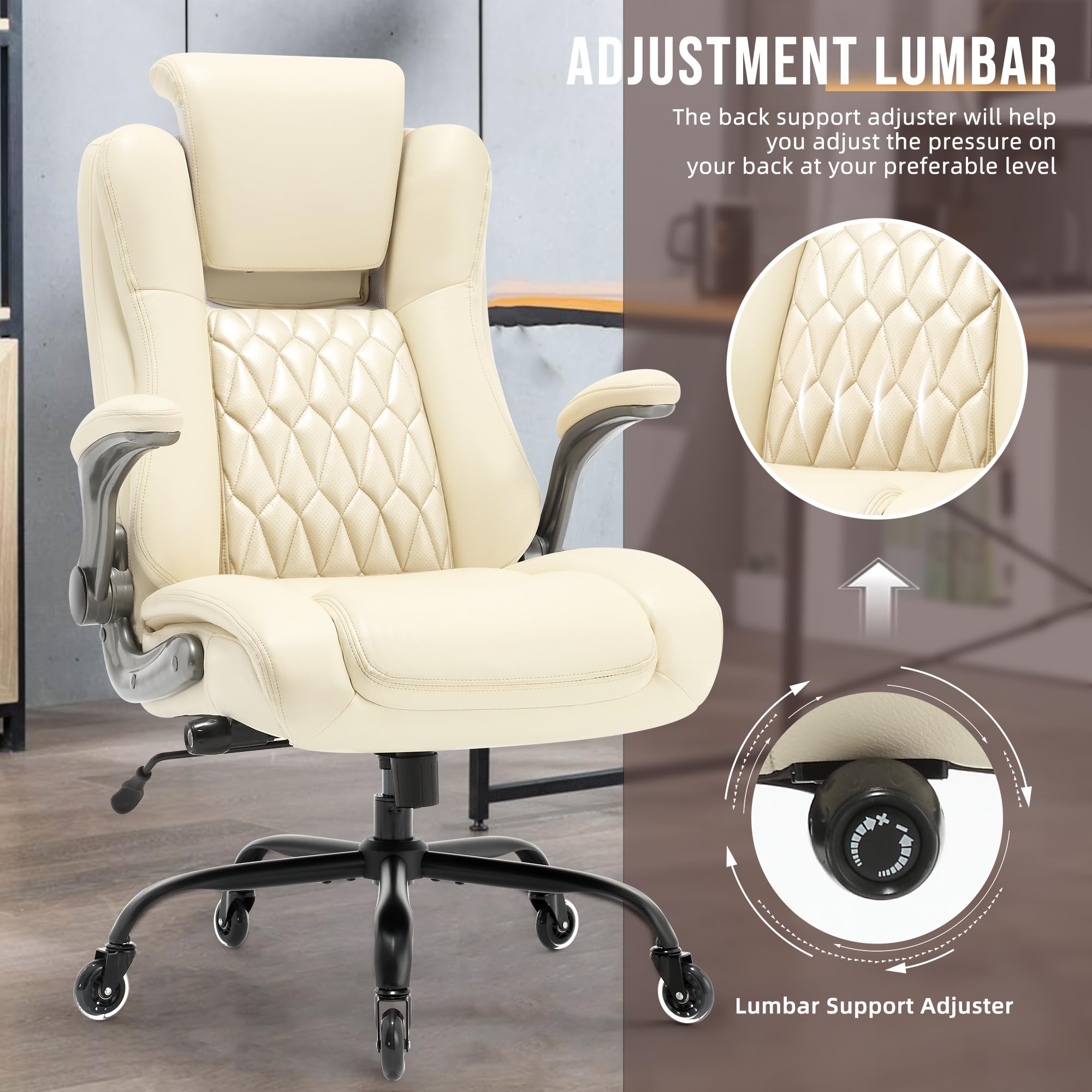 Ergonomic High Back Office Chair with Flip-Up Armrests & Adjustable Lumbar Support - Executive Desk Chair with Lift Headrest & Sturdy Metal Base for Home Office, Gaming & Workspace Comfort