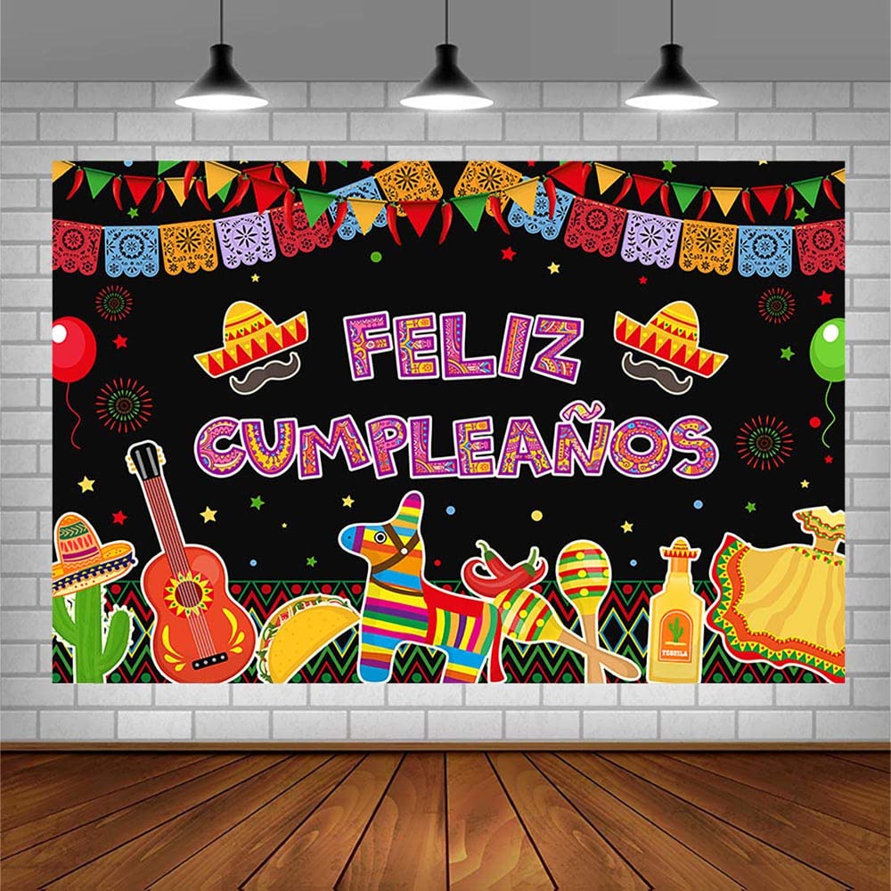 7x5ft Mexican Fiesta Happy Birthday Backdrop - Feliz Cumpleaños Party Decor with Cactus Balloons for Cinco De Mayo, Carnival, Bday Cake Table & Photography Background - Perfect for Mexican-Themed Parties, Photo Booths & Social Media Content