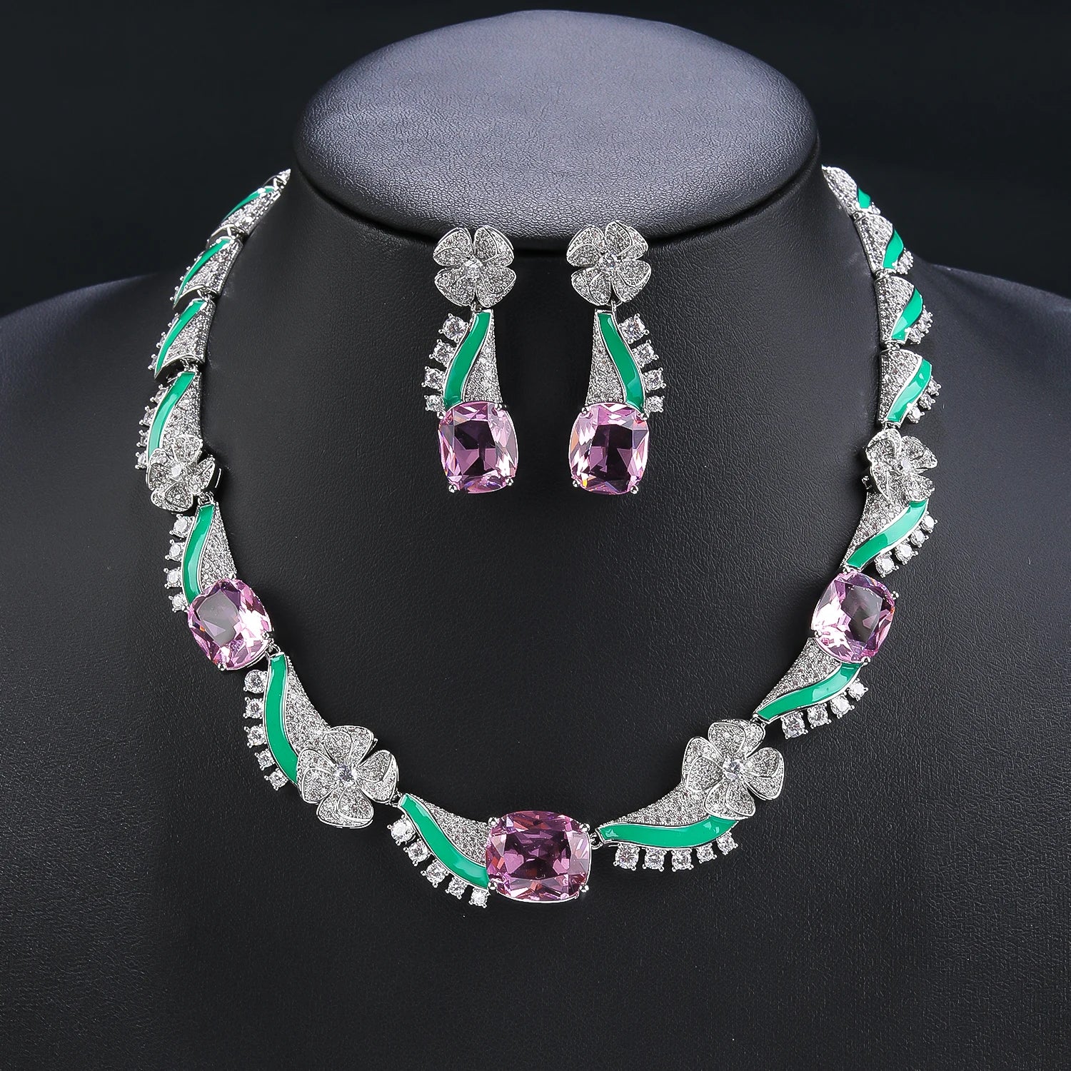Elegant Cubic Zirconia Flower Necklace & Earrings Set - Shiny Enamel Wedding Jewelry for Women - Perfect for Bridal Party, Anniversary & Special Occasions