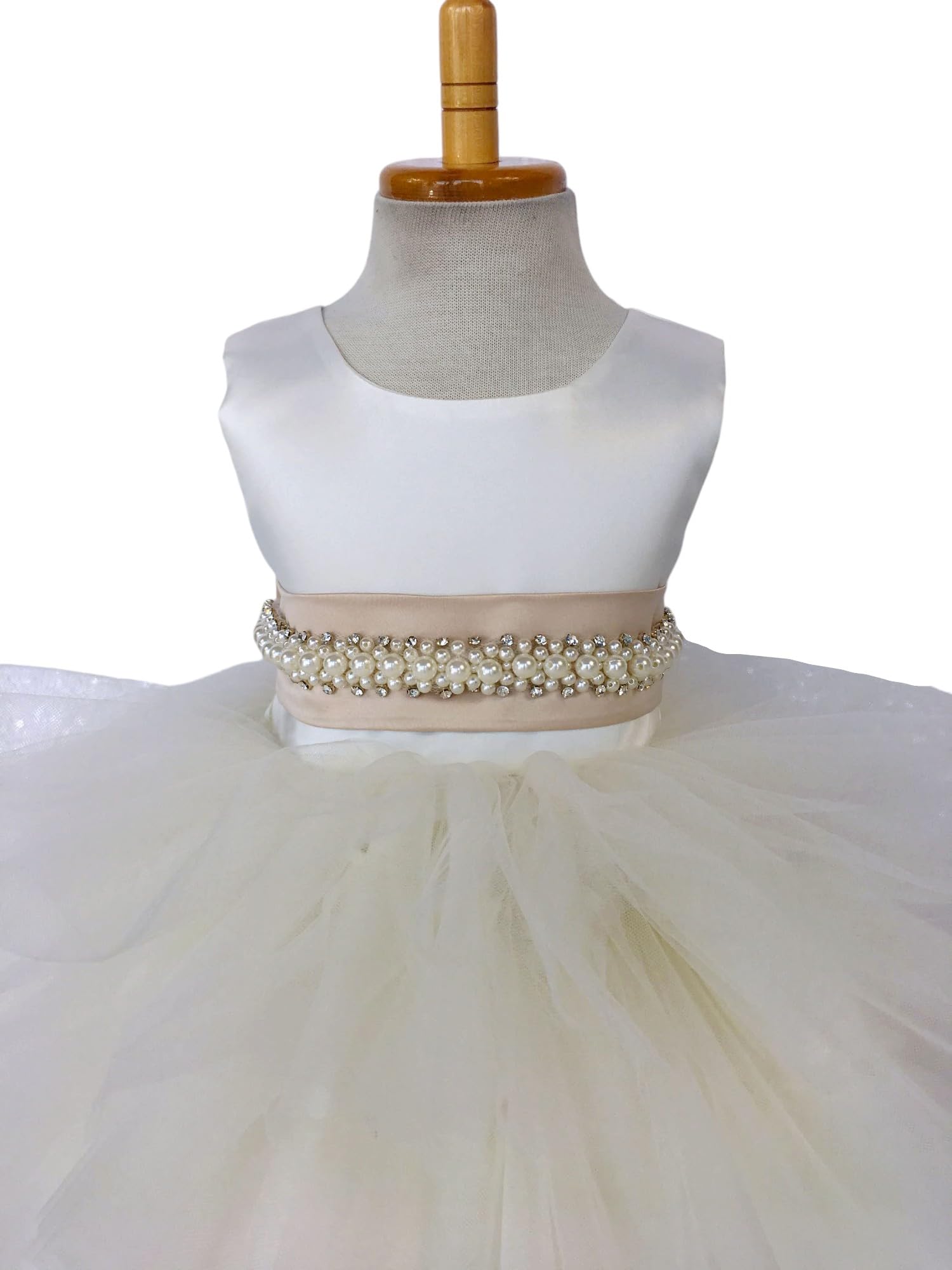 Ivory Sleeveless High-Low Tulle Flower Girl Dress with Ruffle Trim - Perfect for Weddings, Birthday Parties & Special Occasions (Size 16, Champagne Accessories Included)