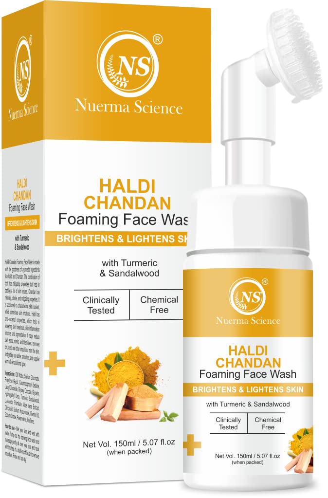 Nuerma Science Haldi Chandan Foaming Face Wash with Vitamin C - Skin Brightening, Dark Spot Corrector & Oil Control for Glowing Skin (150ml) | Daily Cleanser for Tanned & Dry Skin | Perfect for Morning & Night Skincare Routine