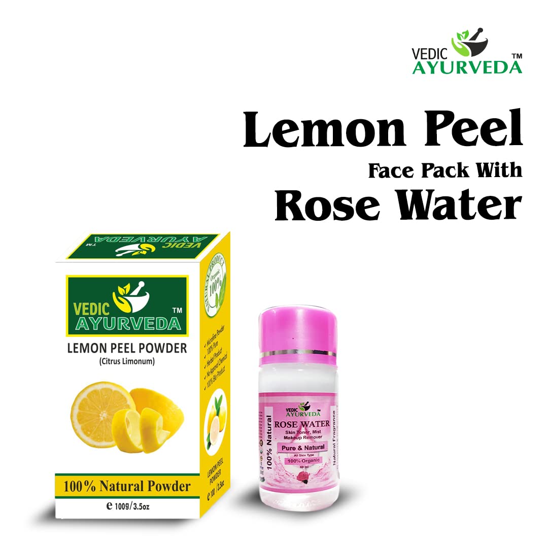 Organic Lemon Peel Powder & Rose Water Face Mask - 100g Lemon Powder + 60ml Free Rose Water - Brightens Skin, Reduces Acne & Dark Spots - Natural Skin Care for Glowing Complexion - Perfect for Daily Skincare Routine & Spa Treatments