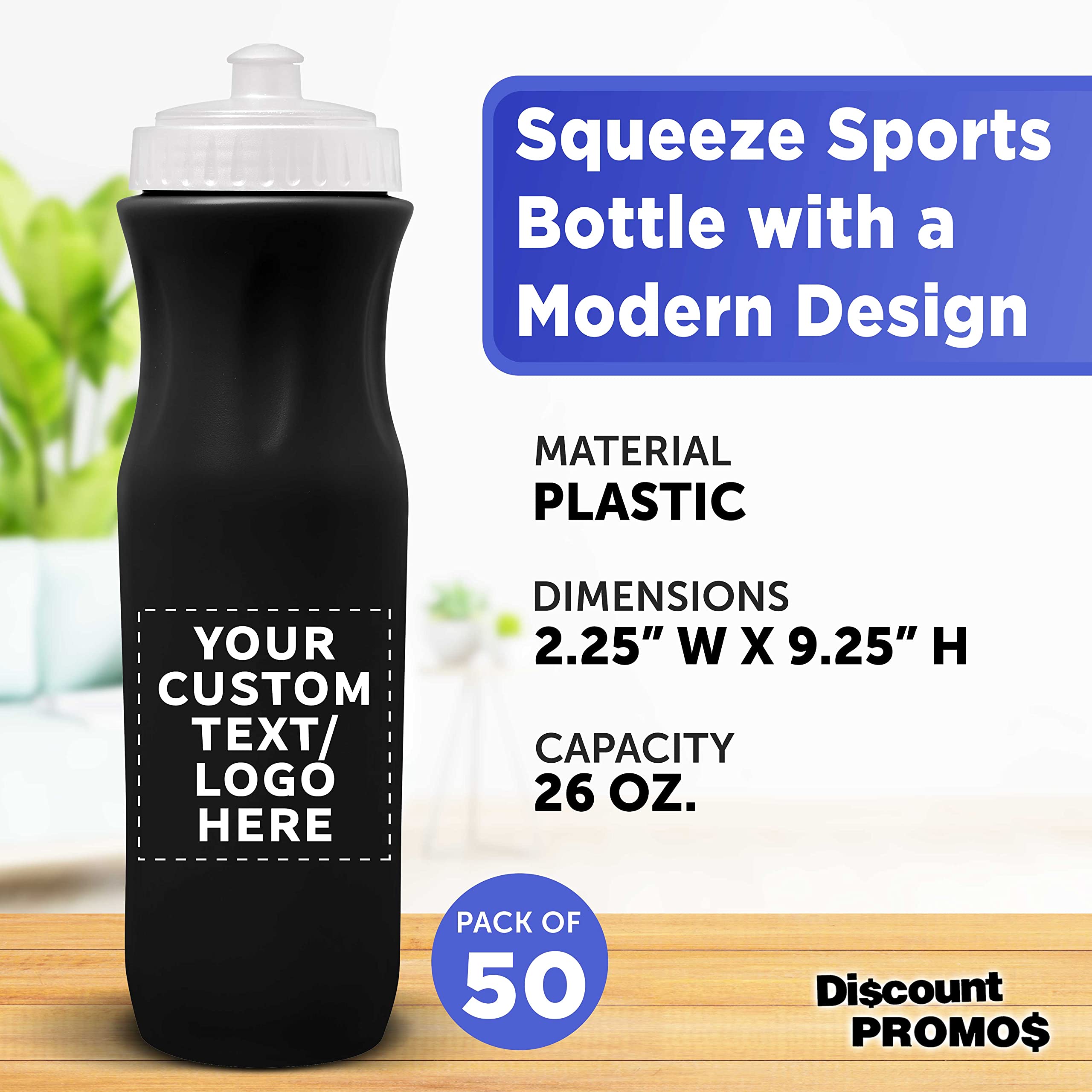 50 Pack 26oz Plastic Water Bottles with Custom Text & Logo - Black Push Top Lid - Bulk Reusable Water Bottles for Sports, Gym, Office & Outdoor Activities