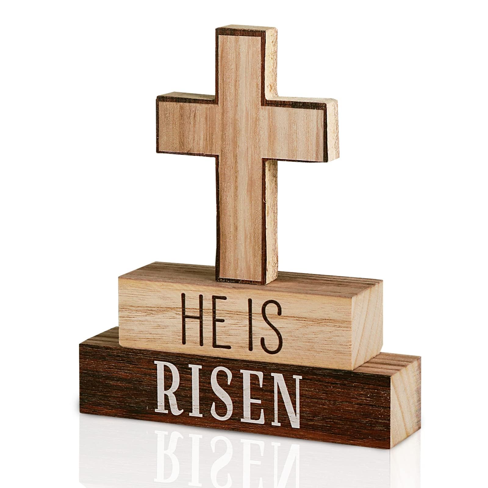 3-Piece Easter Home Decor Set - HE is Risen Wooden Cross Table Signs, Christian Religious Block Signs for Farmhouse & Rustic Tiered Tray Decorations | Perfect for Easter Gifts, Church Events & Spring Home Decor