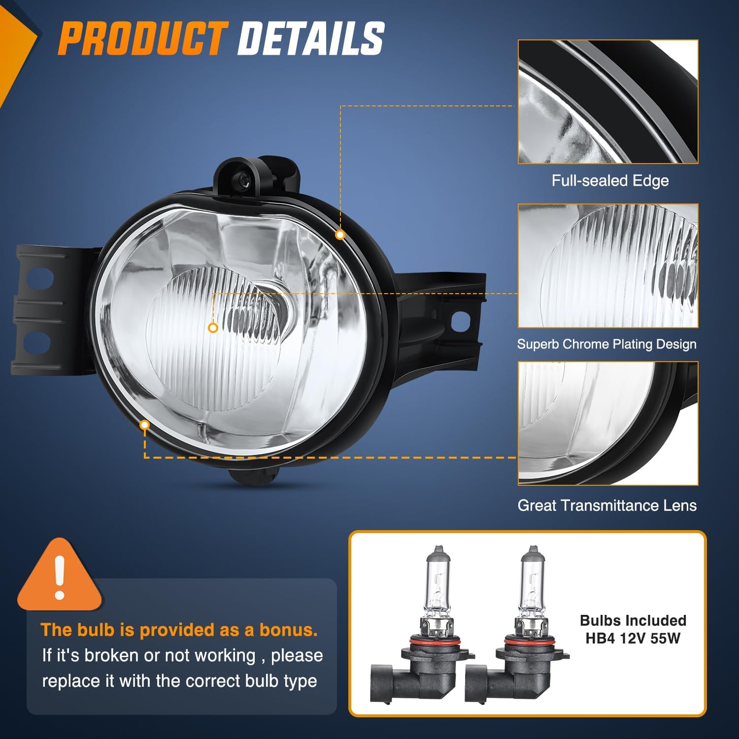 2002-2009 Dodge Ram 1500/2500/3500 & 2004-2006 Durango Fog Light Assembly with 9006 55W Bulbs - Replacement Headlights for Off-Road Driving, Night Visibility & Bad Weather Conditions