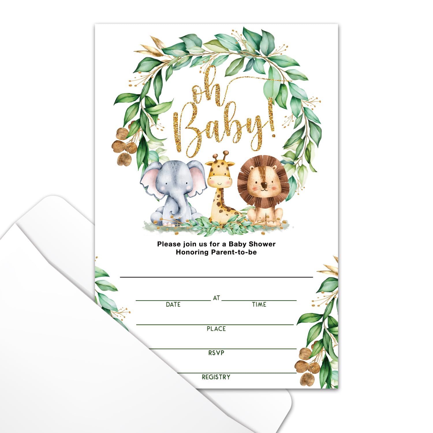 Jungle Animals Baby Shower Invitations with Envelopes - Greenery Safari Gender Reveal Fill-In Cards, Double-Sided Baby Announcement Invites for Shower Party Decorations & Supplies | Perfect for Jungle Theme Baby Showers and Gender Reveal Parties - A007
