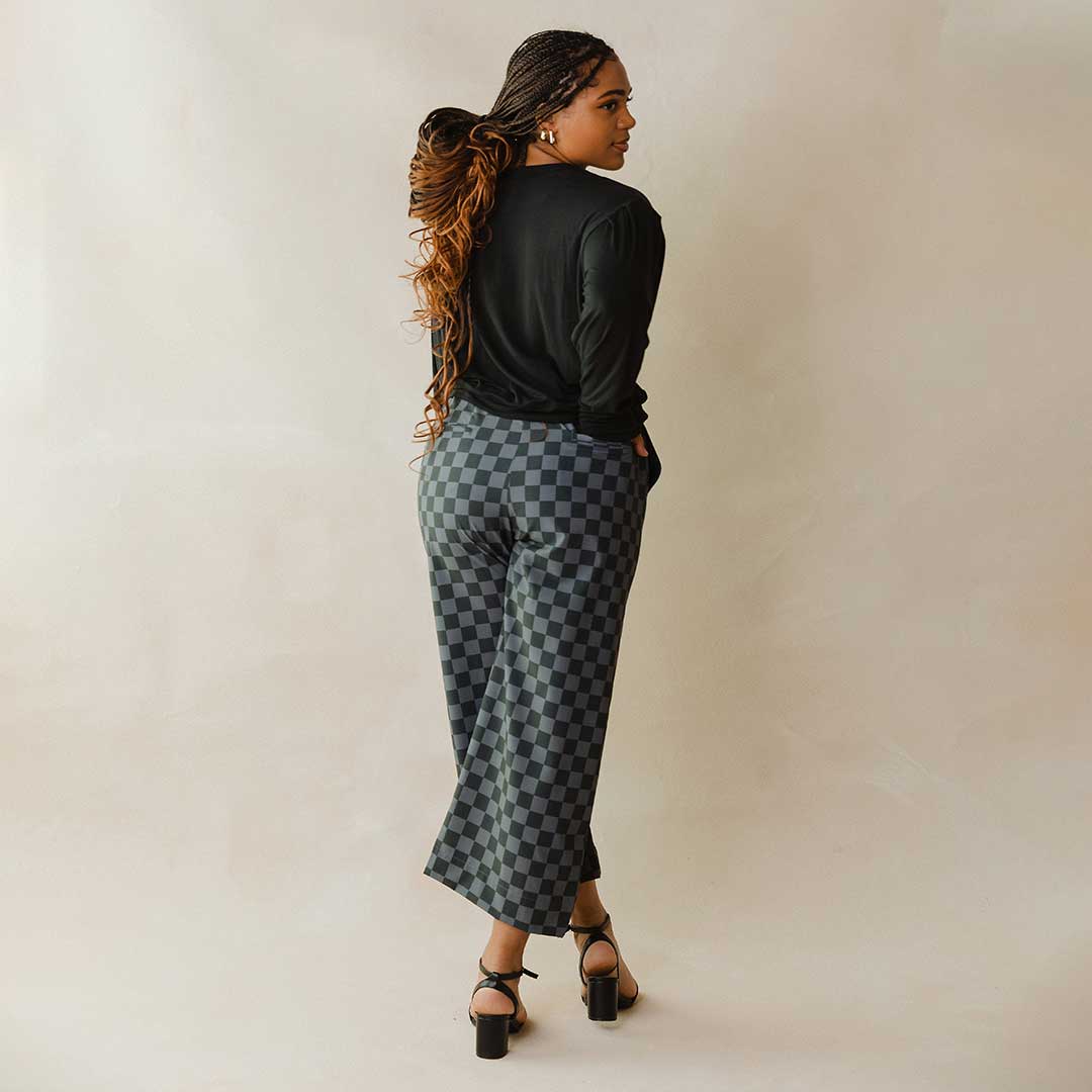 Audrey Wide Leg Pants for Women - Stylish Slate Checkered High Waist Trousers | Office Wear, Casual Outfits & Business Travel Essentials