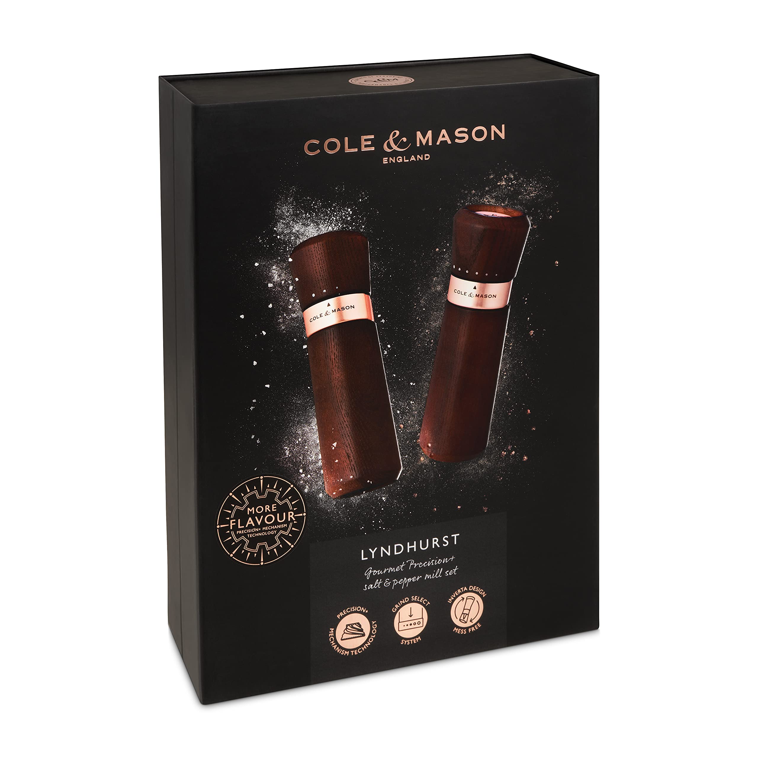 Cole & Mason Lyndhurst Premium Salt and Pepper Grinder Set - Ash Wood & Stainless Steel - 185mm Gourmet Precision+ Mills - Rose Gold Accents - Perfect for Kitchen, Dining Table & Gift Giving