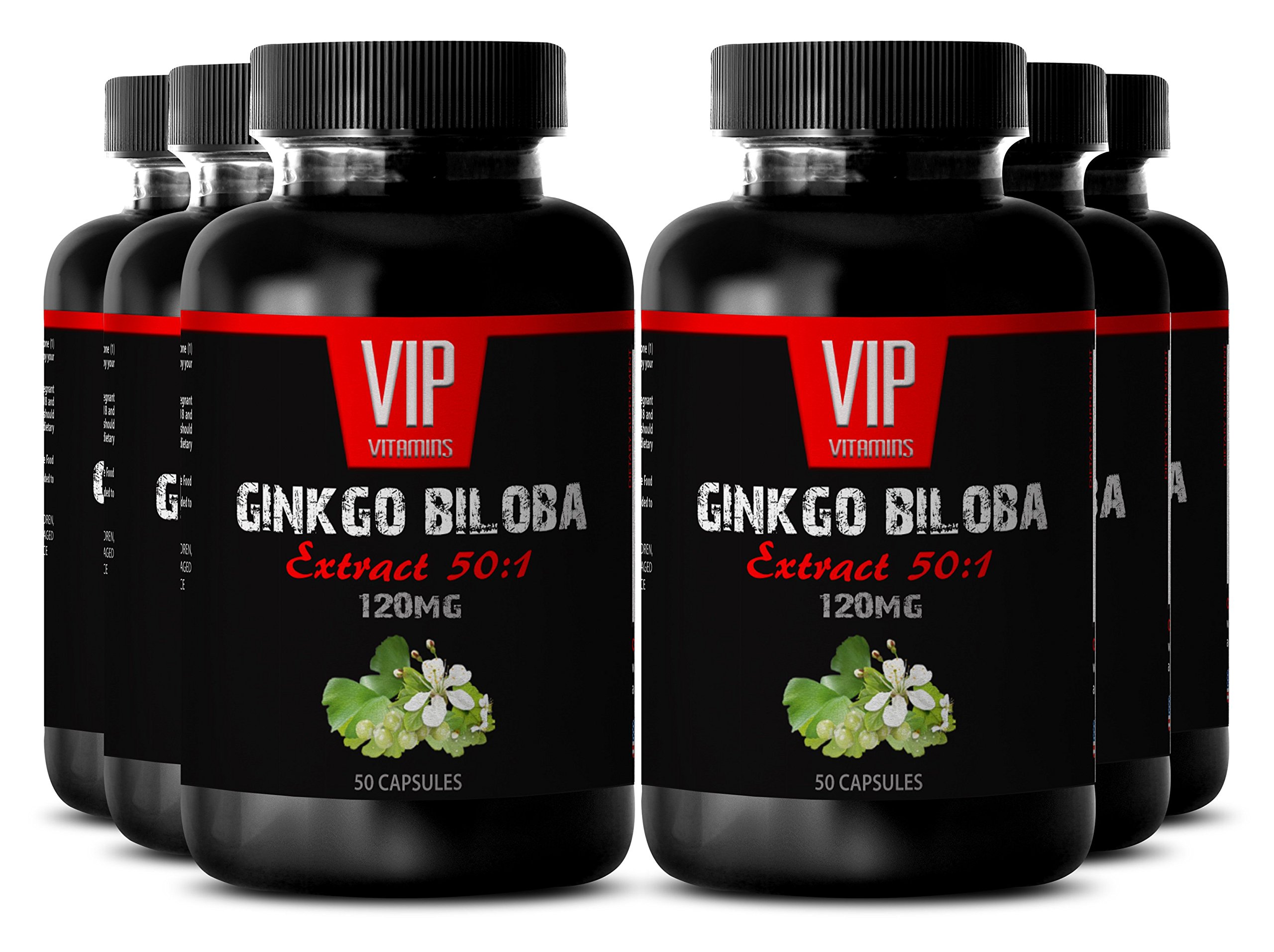 Premium Ginkgo Biloba Capsules 120mg - Supports Brain Health & Nerve Cell Protection - 6 Bottles (300 Caps) - Ideal for Memory Focus & Cognitive Function Enhancement