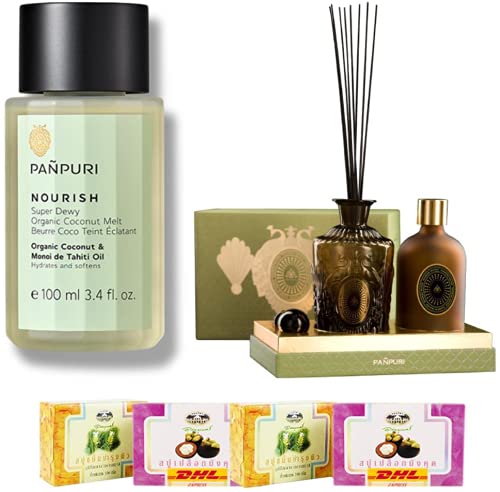 Organic Coconut Melt & Siamese Water Botany Ambiance Diffuser Set A74 by Panpuri – Super Dewy Skin Care, Aromatherapy Relaxation | Free Tomato Facial Mask Included | Fast DHL Express Shipping | Perfect for Spa, Yoga & Home Wellness