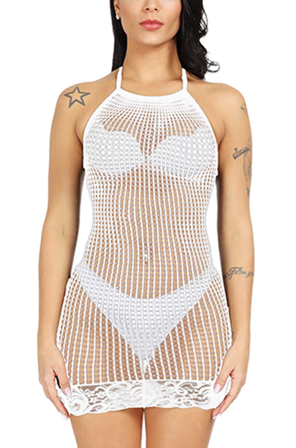 Sexy Women's Halter Fishnet Babydoll Lingerie - Sheer Chemise Nightwear Mini Teddy Dress One Size for Romantic Nights & Boudoir Photography