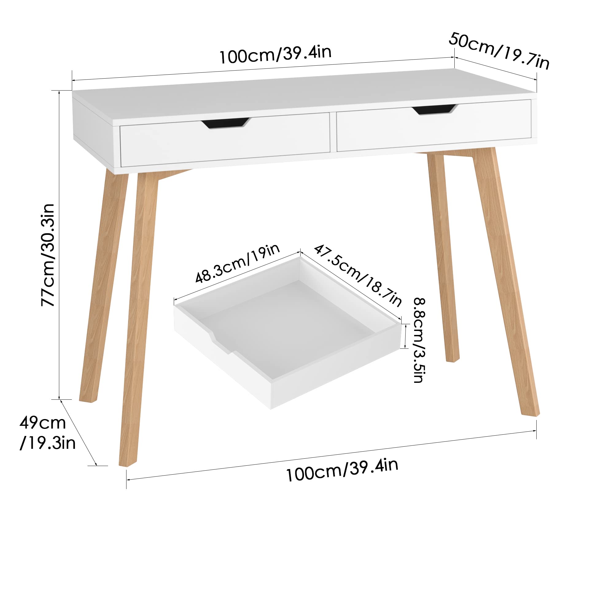 FOTOSOK White Modern Computer Writing Desk with 2 Drawers - Small Wooden Office Desk & Makeup Vanity Table with 4 Sturdy Oak Legs - Perfect for Home Office, Study Room & Bedroom Workspace