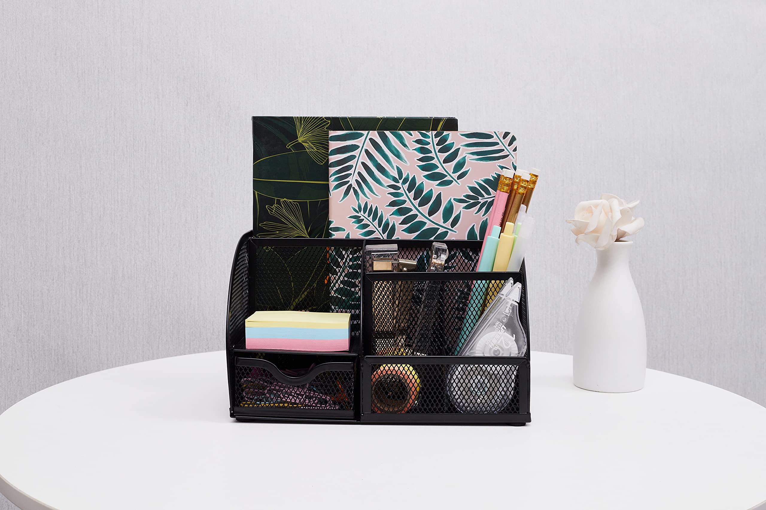 Annovo Mesh Desk Organizer with 7 Compartments & Drawer - Black Office Desk Tidy for Pens, Candy, Stationery - Perfect for Home Office, Study & Workspace Organization