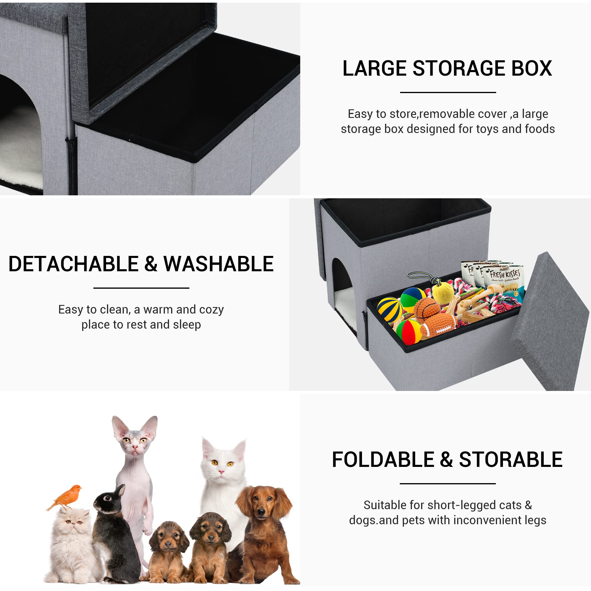 Foldable Dog Stairs for Small to Large Dogs & Cats - 2-Step Pet Steps with Storage & Pet House, Non-Slip Ramp for Couch & High Bed - Supports Up to 150 lbs - Perfect for Elderly Pets, Bed Access & Small Space Living