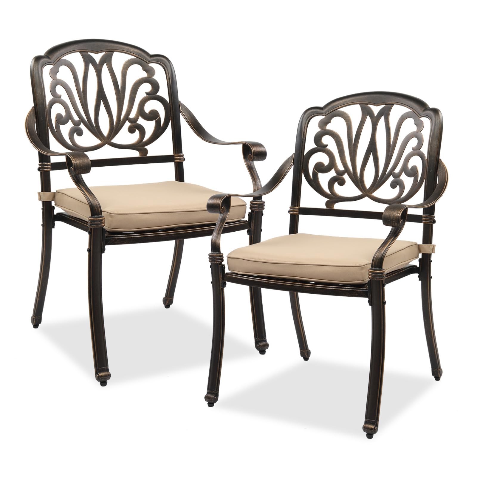 VINGLI 2-Piece Aluminum Outdoor Dining Chairs Set - Patio Furniture with Cushions for Backyard, Poolside, Balcony, Garden - Bronze Cast Aluminum Chairs for Relaxing & Entertaining Guests