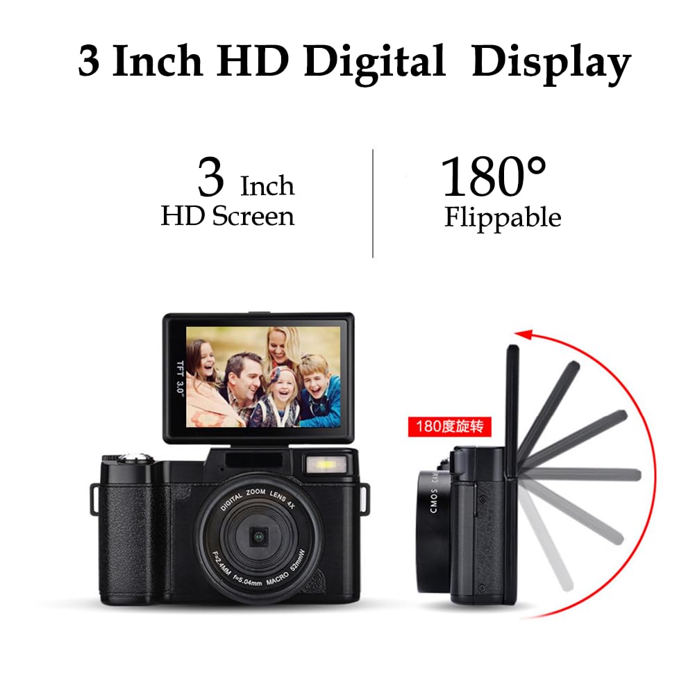 4K HD Digital Camera 48MP with 180° Flip Screen & Auto Focus - 3 Inch LCD Display, 800mAh Rechargeable Battery, Supports 128GB SD Card (Black) - Perfect for Vlogging, Travel Photography & YouTube Content Creation