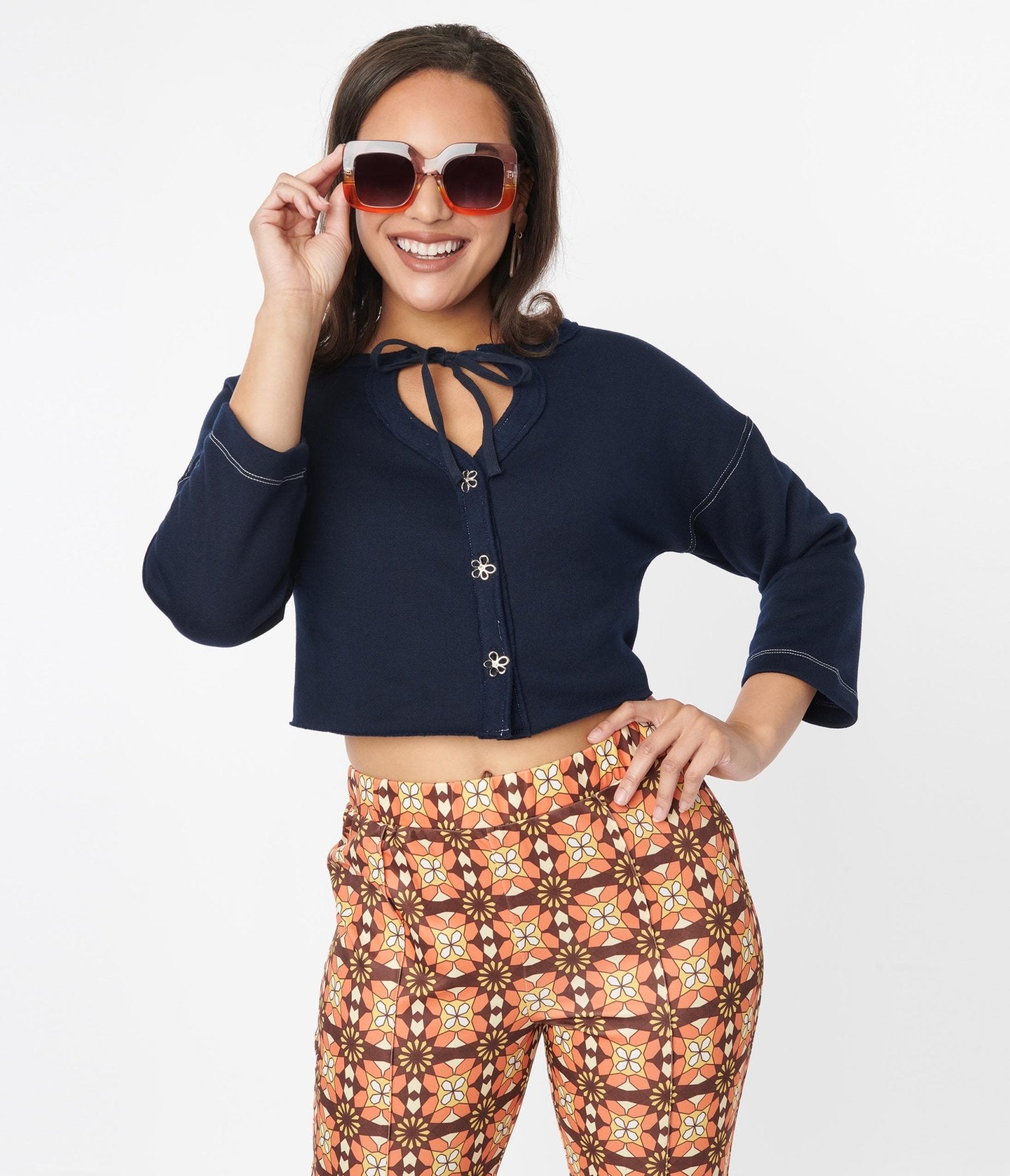 Navy Blue Floral Button Up Cropped Petunia Cardigan for Women - Perfect for Spring Outfits, Casual Wear & Layering