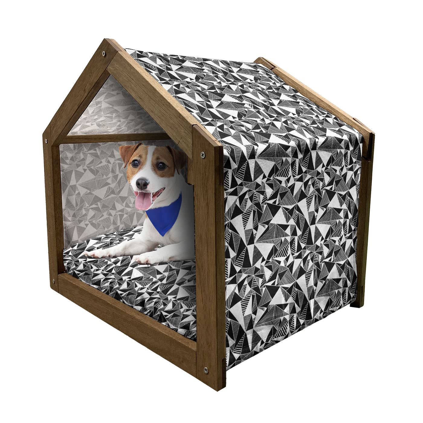 Ambesonne Abstract Wooden Pet House - Modern Monochrome Fractal Geometry Dog Bed with Triangle Pattern, Indoor & Outdoor Portable Dog Kennel with Removable Pillow & Cover - Perfect for Small Dogs in Contemporary Homes, Backyards or Travel