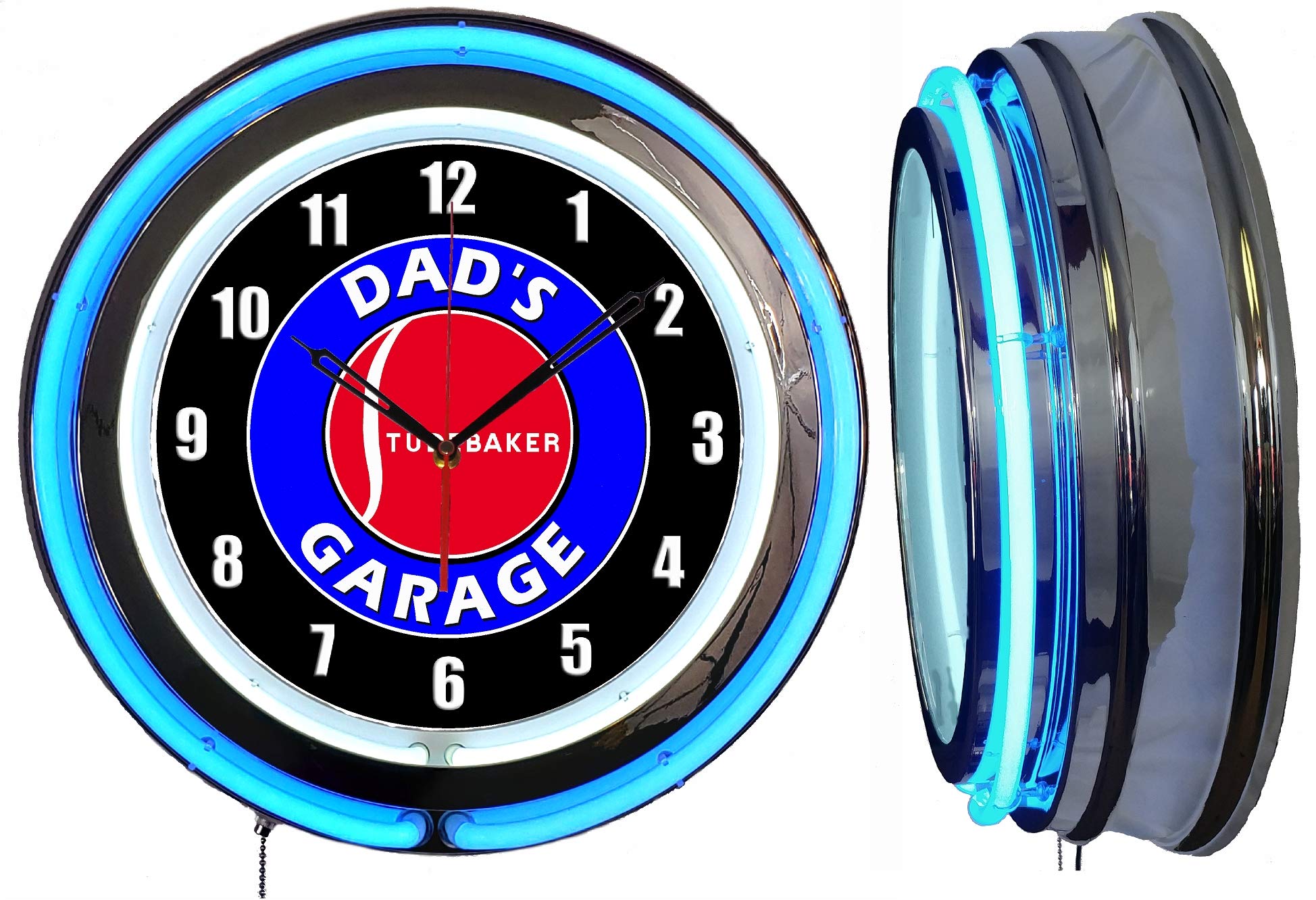 Vintage Studebaker Garage Neon Clock - 19 Inch Blue Neon Tube Design, Retro Diner & Man Cave Decor - Perfect for Automotive Enthusiasts & Home Bar Decorations