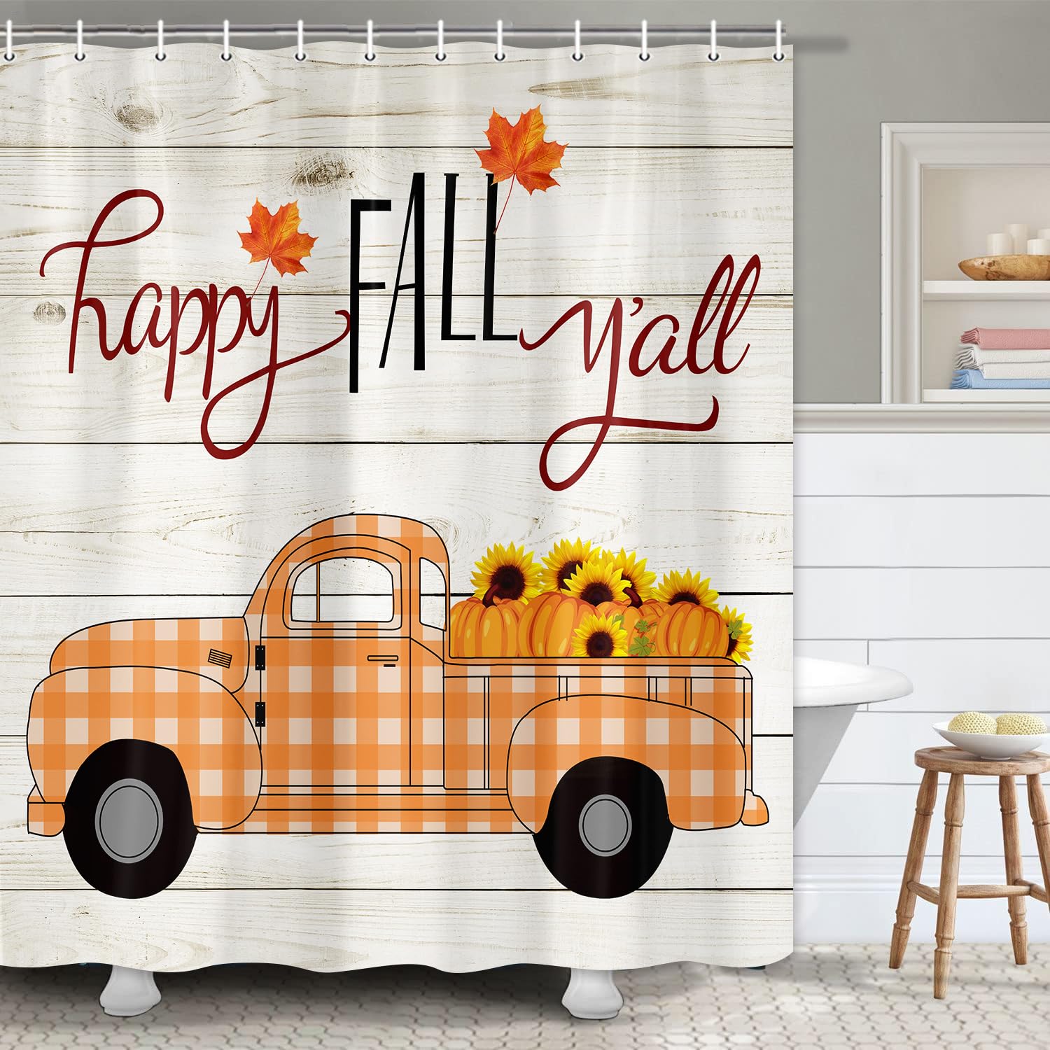 JAWO Fall Shower Curtain - Thanksgiving Harvest Pumpkin Sunflower Truck Maple Leaves Bathroom Decor, Autumn Farmhouse Orange Printed Polyester Fabric Bath Curtain with Hooks 72x72 - Perfect for Seasonal Bathroom Makeover & Cozy Autumn Atmosphere