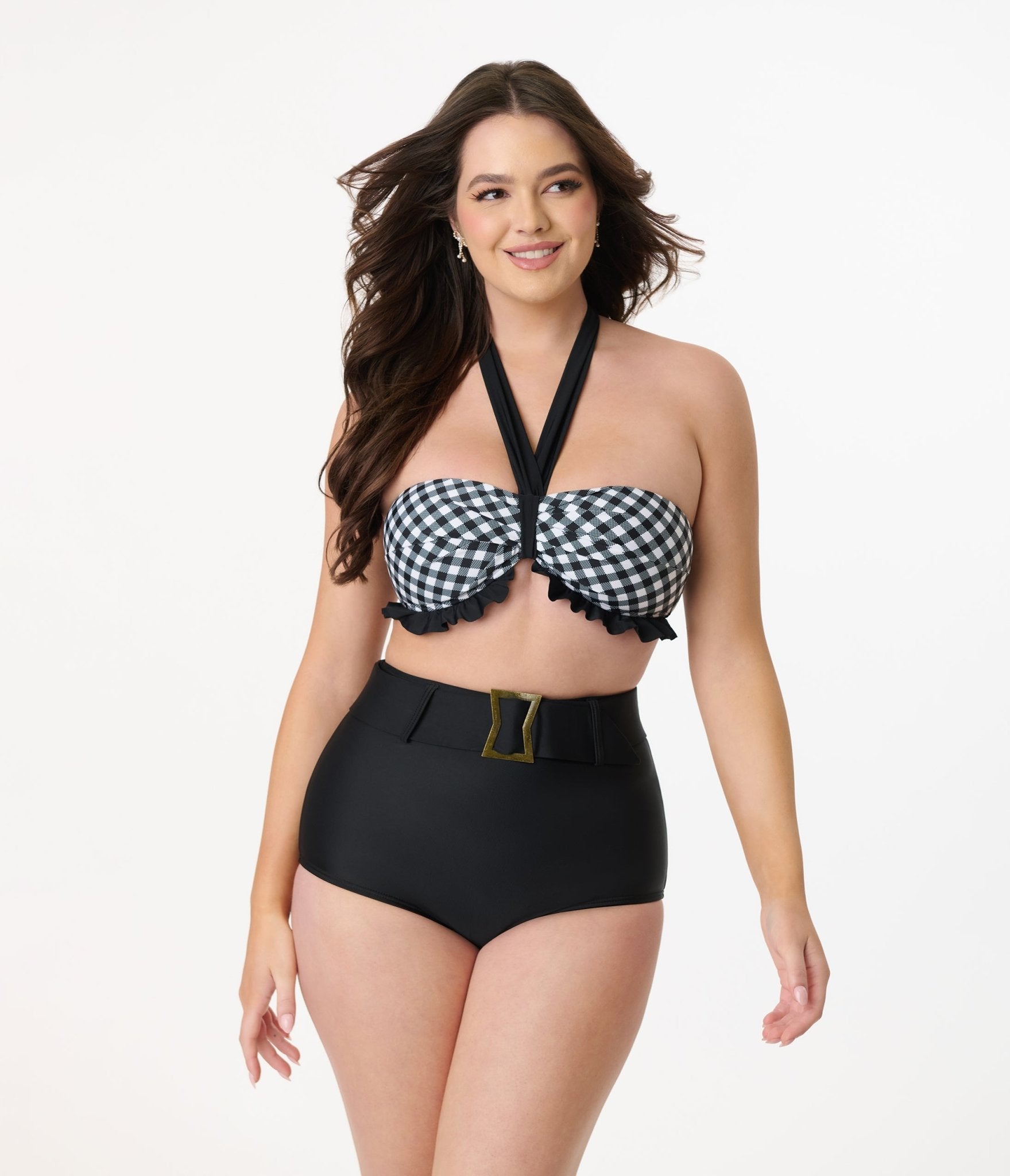 Vintage Black & White Bias Gingham Twist Front Halter Swim Top - Retro Style Swimwear for Women, Beach Vacation & Pool Party Outfit