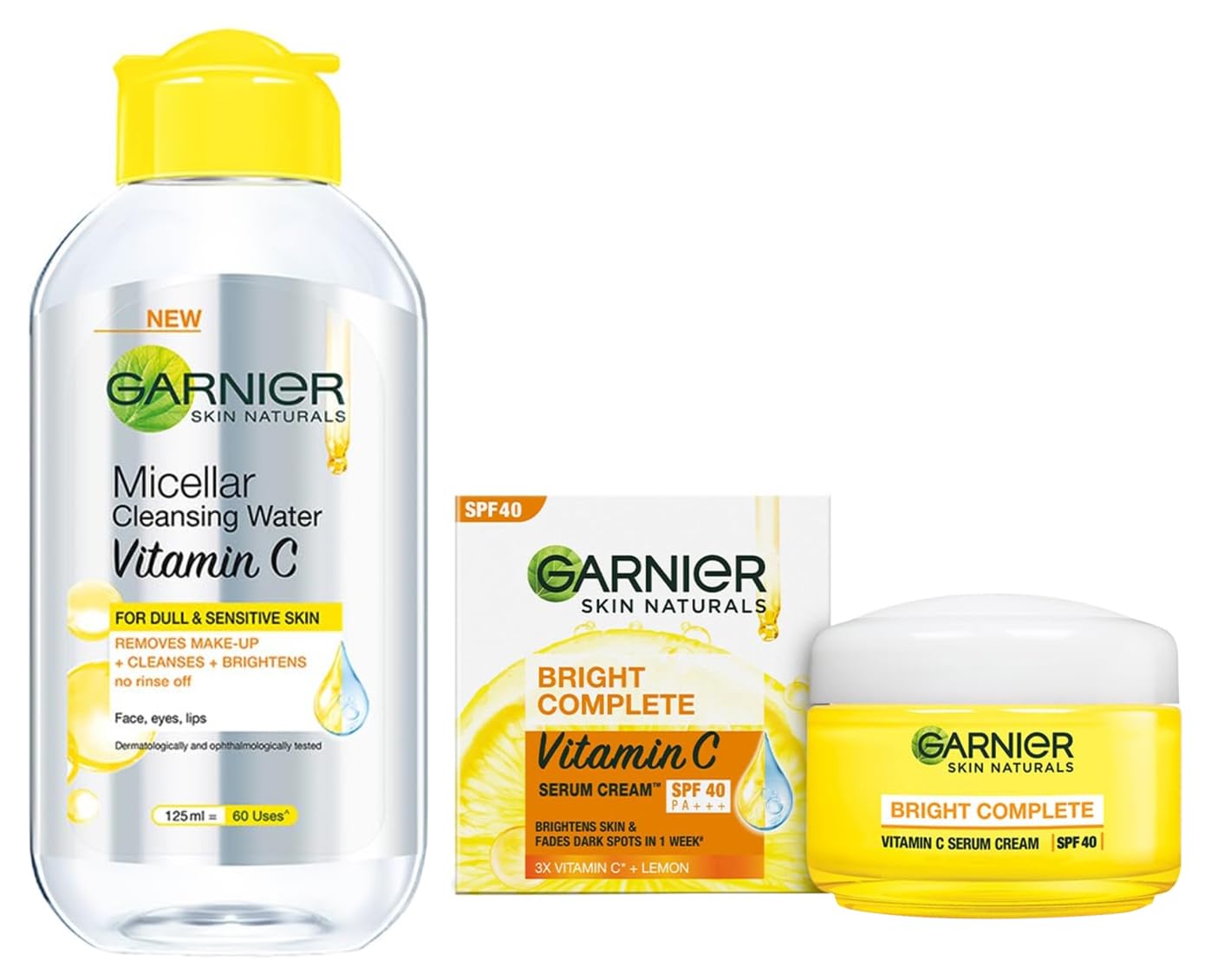 Garnier Skin Naturals Micellar Cleansing Water with Vitamin C - 125ml | Brightening Facial Cleanser & Garnier Vitamin C Bright Complete Day Cream - 45g | Hydrating & Glow-Boosting Moisturizer for Daily Skincare Routine