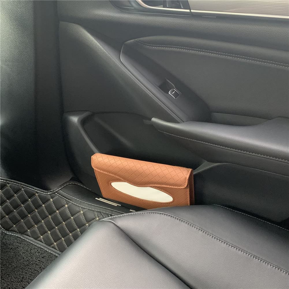 Premium PU Leather Car Tissue Holder - Sun Visor Napkin Dispenser for Car & Truck (Brown) | Backseat Organizer for Tissues, Wipes & Essentials | Perfect for Road Trips, Commuting & Family Travel