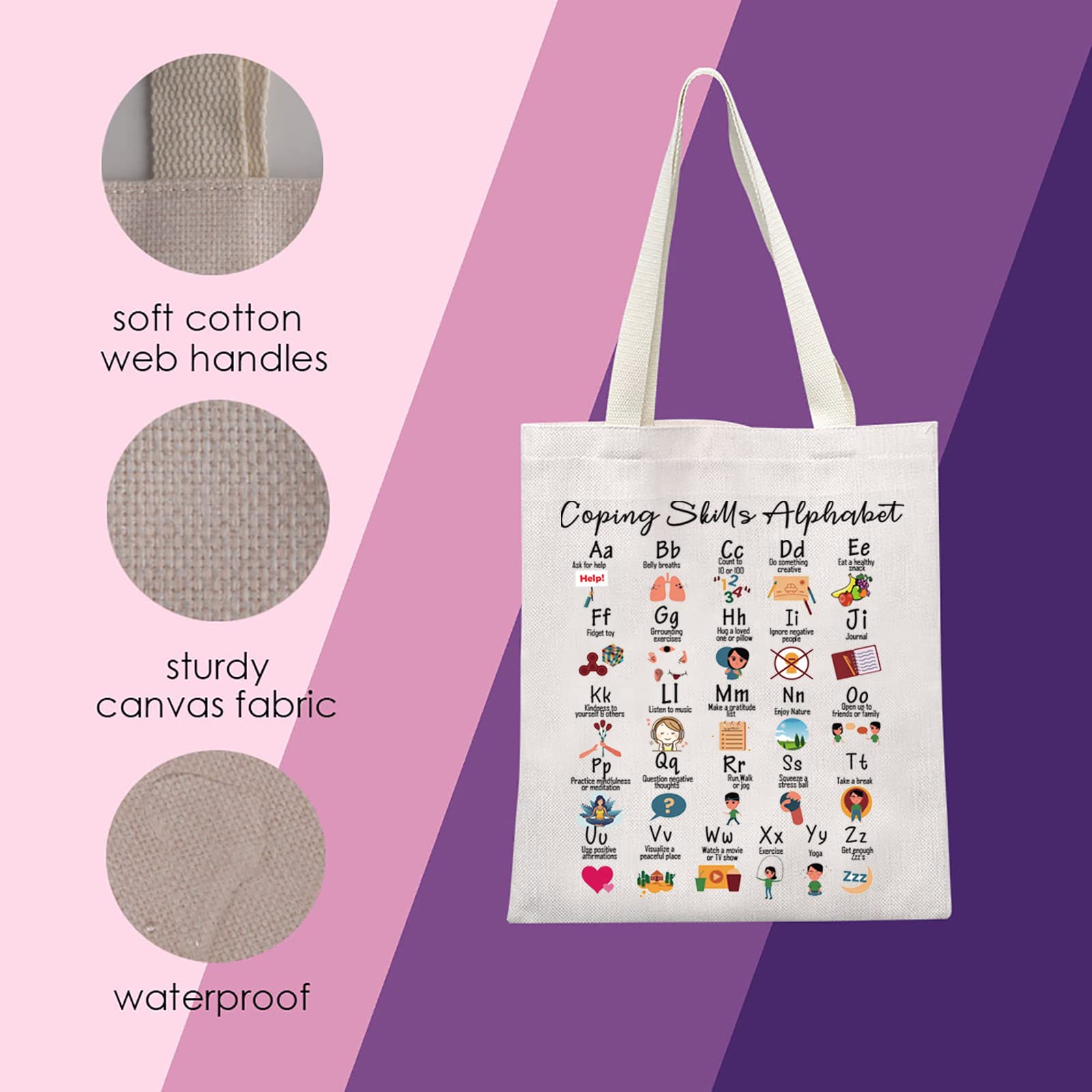 Mental Health Awareness Tote Bag - Coping Skills Alphabet Print Counselor & Therapist Handbag for Stress Relief, Self-Care Gift Idea | Perfect for Therapy Sessions, Work, School & Daily Use
