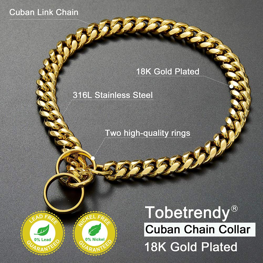 18K Gold Over Stainless Steel Heavy Duty Martingale Dog Collar - 14MM Cuban Link Chain for Large Breeds (12