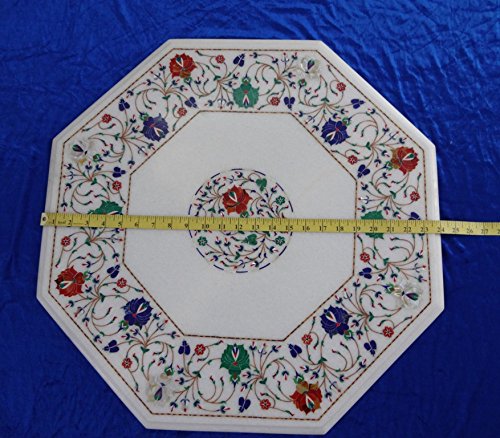 24 Inch White Marble Coffee Table Top with Floral Pietra Dura Inlay Art - Mughal Design Decorative Home Decor for Living Room & Office