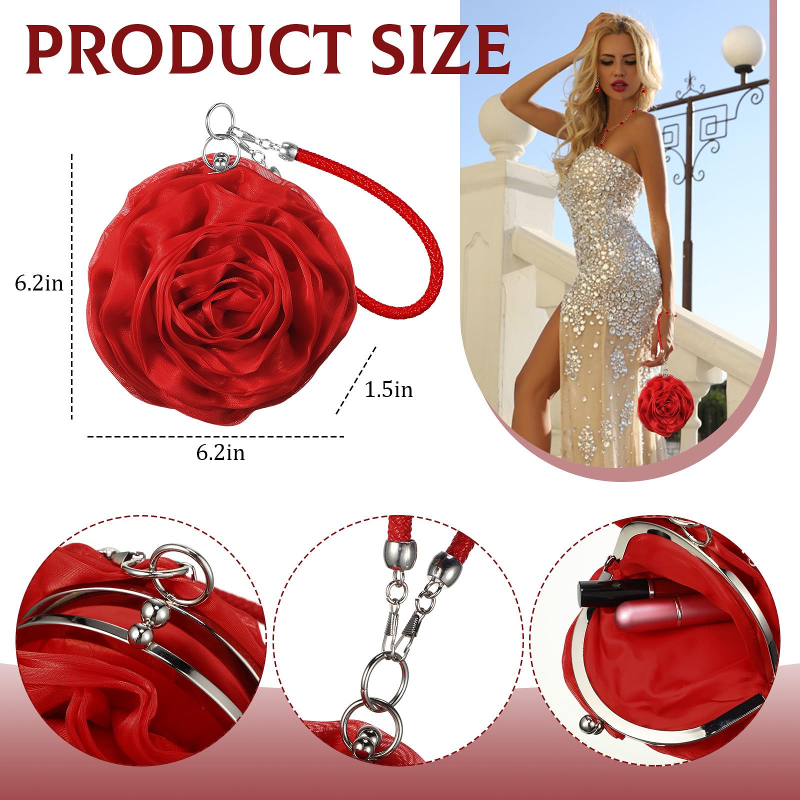 4Pcs Women's Rose Gold Jewelry Set - Red Rose Necklace, Bracelet, Earrings & Clutch for Wedding, Party, Prom | Elegant Floral Accessories Gift for Bridesmaids, Bride, Anniversary
