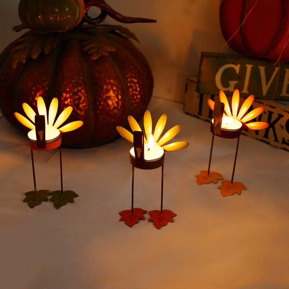Linfevisi Set of 3 Metal Turkey Tealight Candle Holders - Decorative Tabletop Candle Holders for Thanksgiving, Christmas Holiday Decor - Perfect for Dining Room, Coffee Table, and Home Centerpiece Decorations