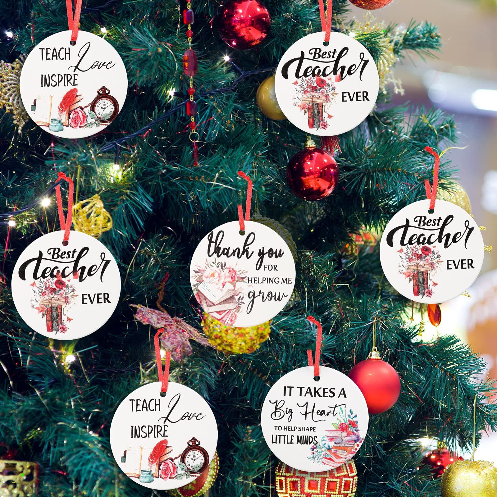 8pcs Teacher Appreciation Christmas Ornaments - Ceramic Xmas Tree Decor for Teachers, Men & Women - Perfect for Holiday Gifting