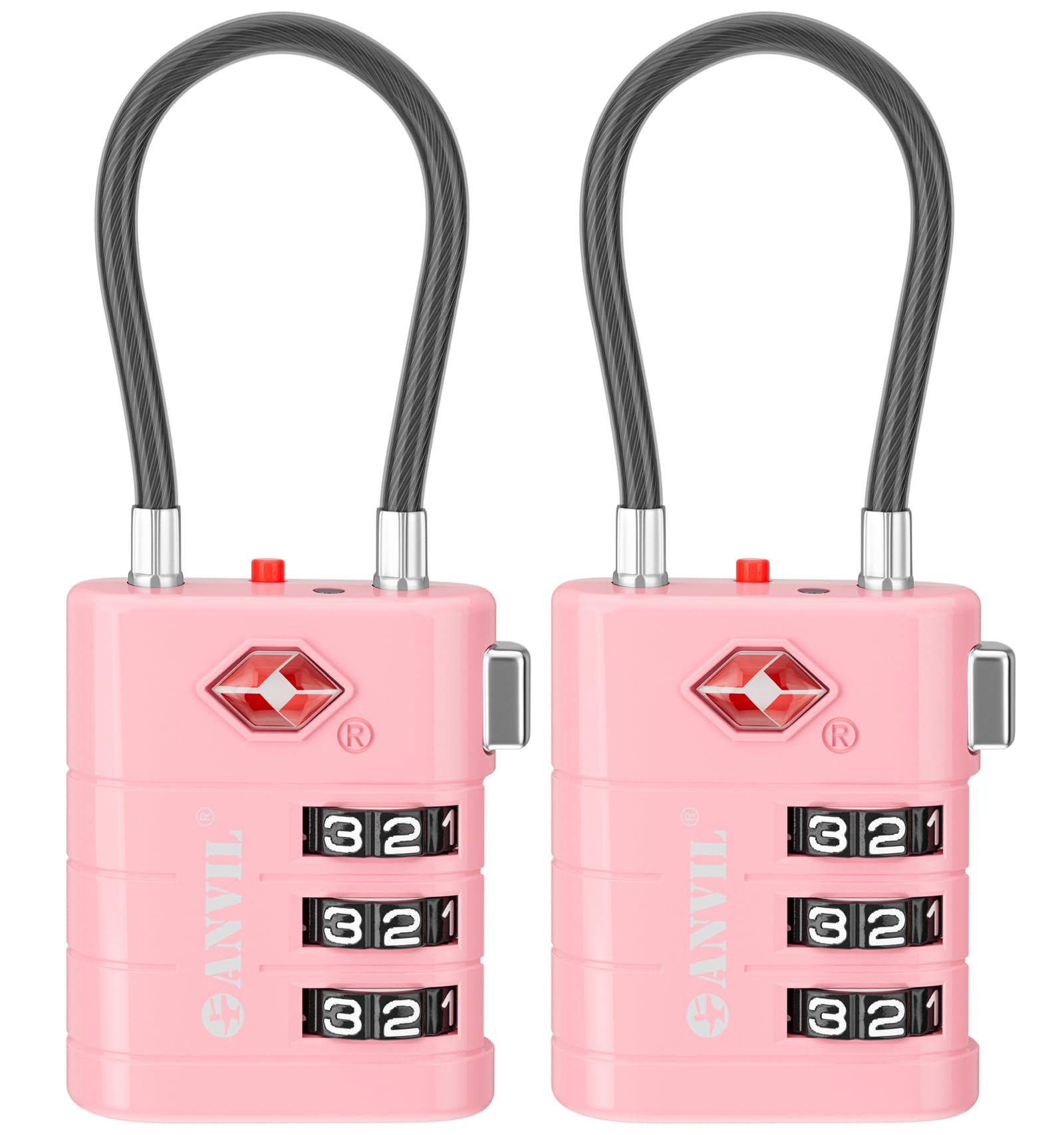 ANVIL TSA Approved Luggage Locks (2-Pack, Pink) - Secure TSA008 Core with Alert Indicator for Suitcases, Backpacks & Gym Bags | Travel Essentials & Daily Use Protection