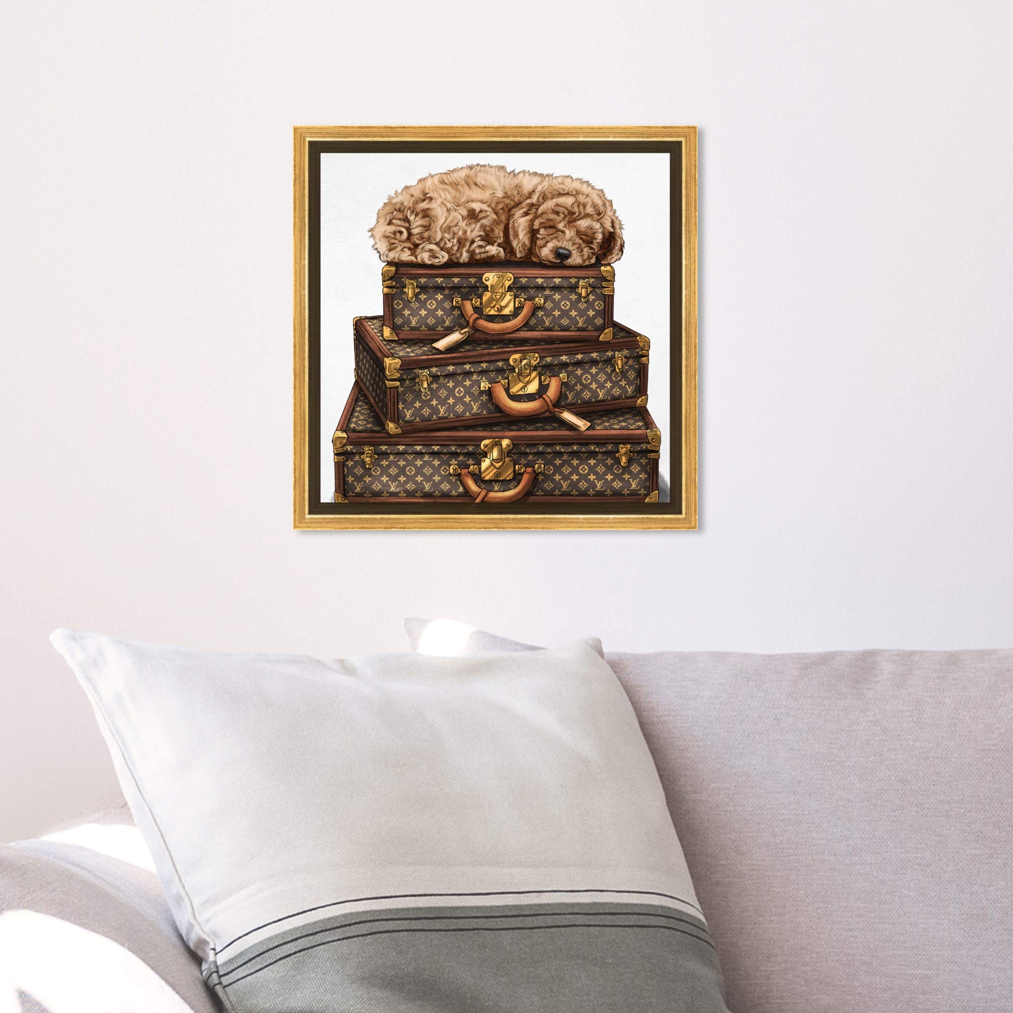 Oliver Gal Artist Co. 'Sleeping Poodle' Framed Wall Art - 12x12 Inch Brown & White Canvas Print for Home Décor | Fashion & Glam Travel Inspired Bedroom, Living Room, Office Decor