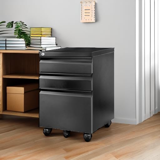 FLEXISPOT 3-Drawer Metal File Cabinet with Lock - Mobile Under Desk Storage for Legal/Letter/A4 Files - Fully Assembled Home Office Organizer (Black) - Perfect for Small Spaces & Document Management
