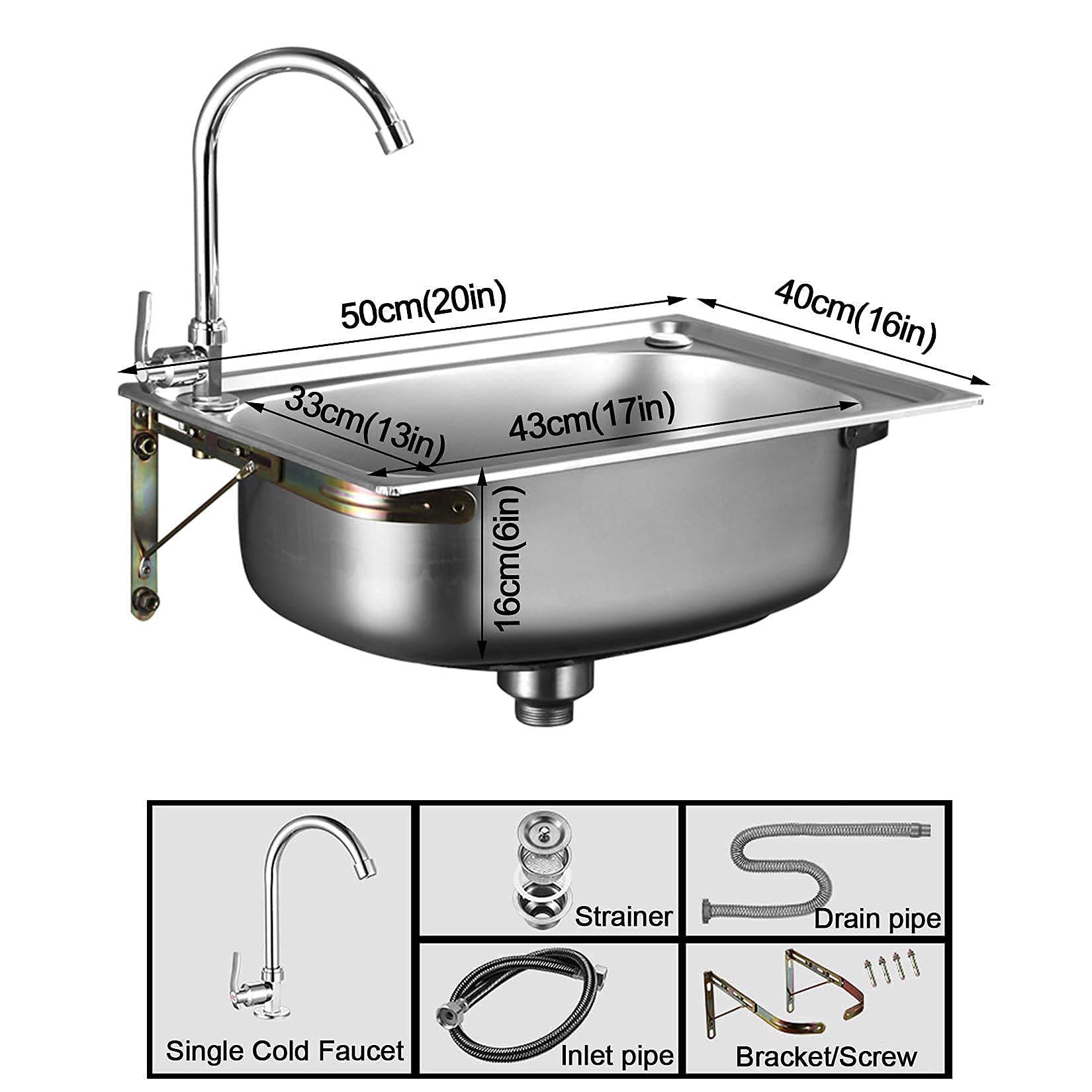 Premium Stainless Steel Hand Wash Sink with Built-in Strainer - Single Bowl Kitchen Sink with Gooseneck Faucet (53x38cm/20x16in) - Ideal for Restaurants, Food Trucks & Home Kitchens