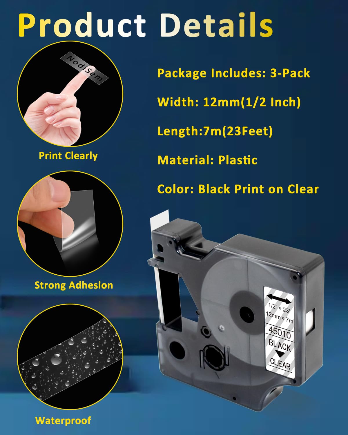 Dymo Label Maker Refills D1 45010 S0720500 - 12mm (1/2 Inch) Clear Label Tape - 3 Pack - Compatible with Dymo LabelManager 160 - Perfect for Office Organization, Shipping Labels & Home Storage