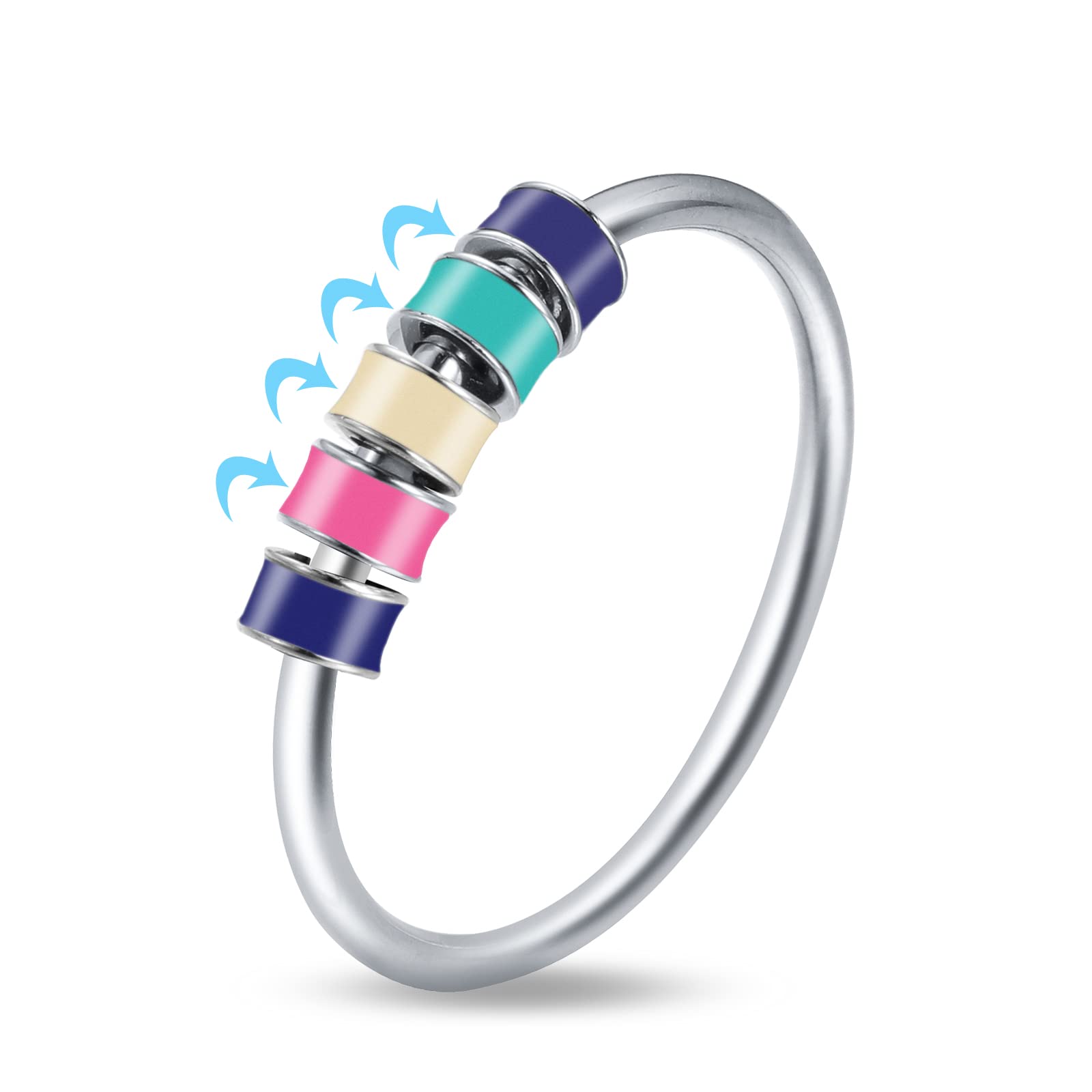 LOVECOM 925 Sterling Silver Fidget Ring for Anxiety Relief - Colorful Enamel Beads Spinner Ring for Women & Men - Stress Relief Jewelry with Rotating Design - Perfect for Christmas Gifts, Office Use, and Daily Wear to Reduce Anxiety