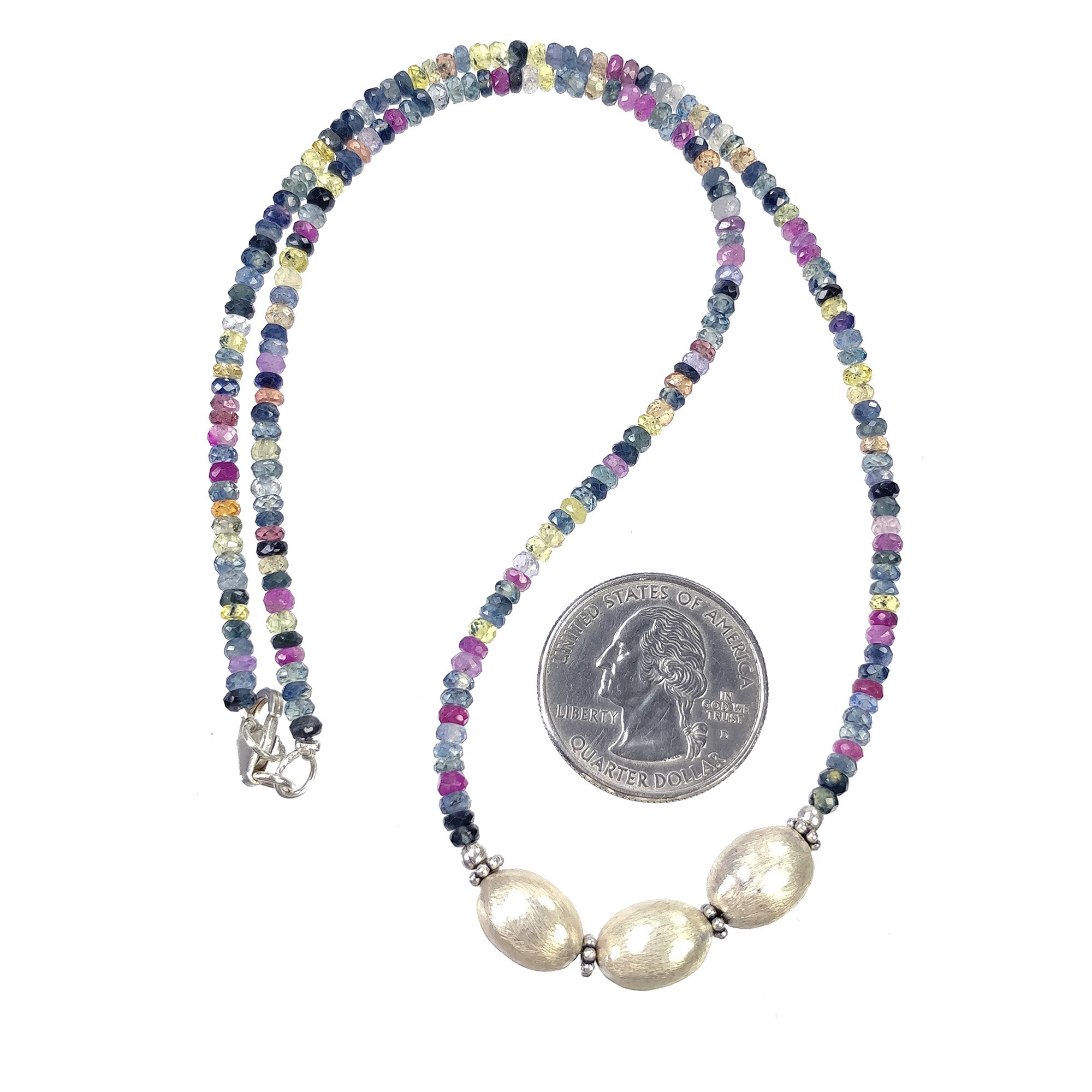 Natural Multi Sapphire Beaded Necklace for Women - 925 Sterling Silver Pendant Chain with Gemstone Beads - Elegant Jewelry Gift (18.5