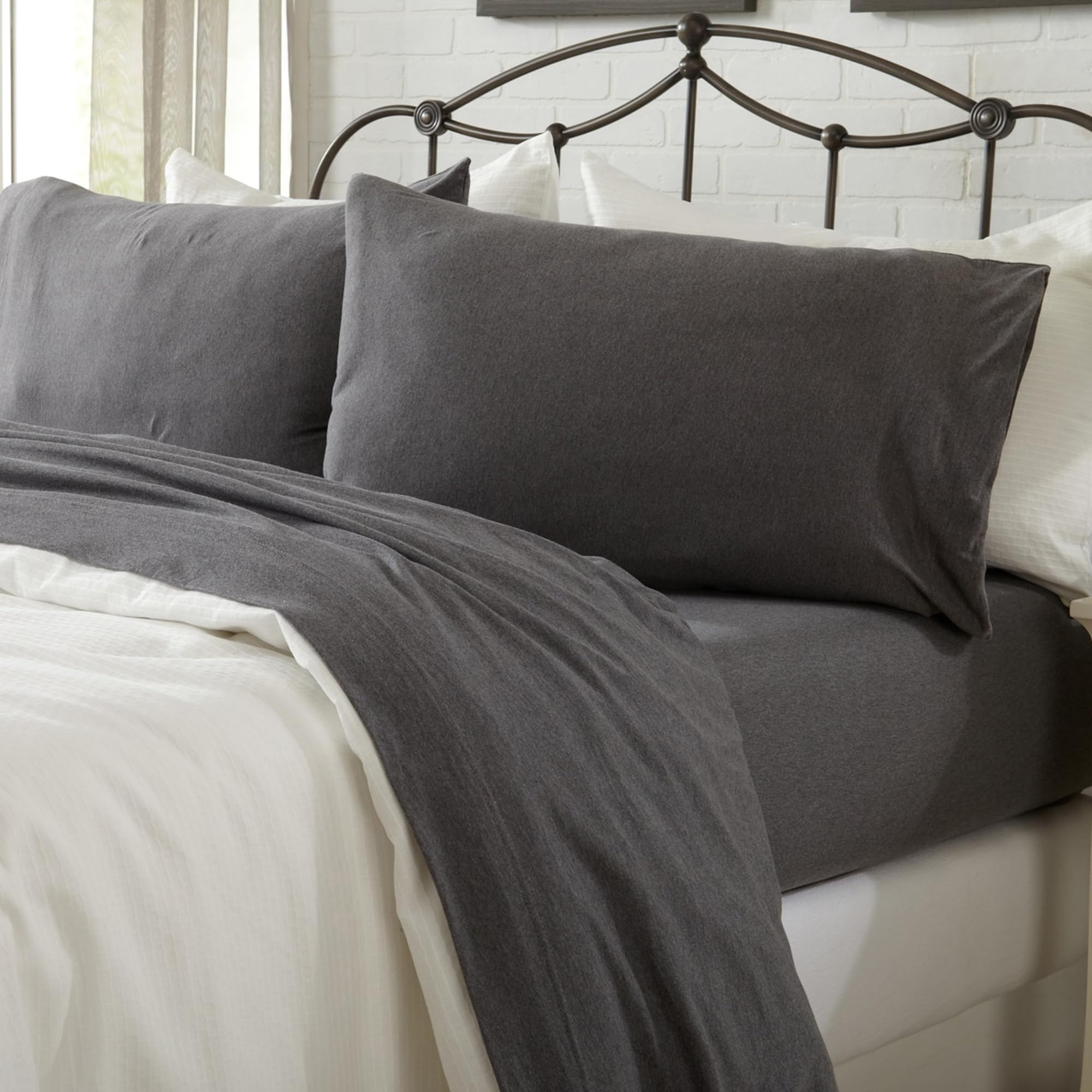 California King Sheet Set - Ultra-Soft Cotton Jersey Knit Bed Sheets in Heathered Melange Grey | Stretchy, Cozy T-Shirt Material with Pillowcases | Perfect for Luxury Bedding & Comfortable Sleep